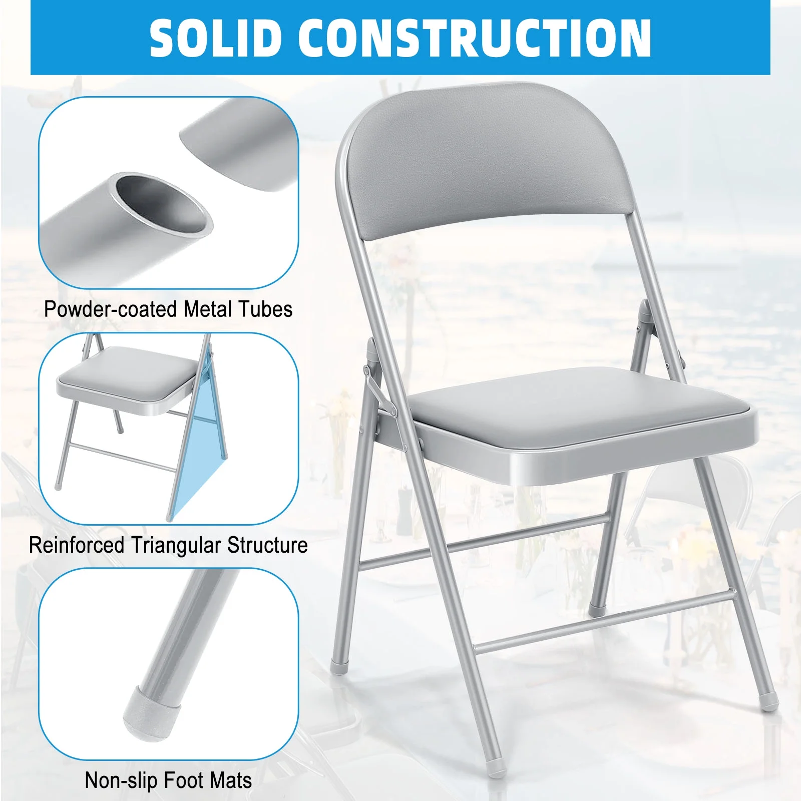 HONGGE Folding Chairs with Padded Seats, Metal Frame with Vinyl Seat & Back, Capacity 350 lbs, Gray, Set of 4