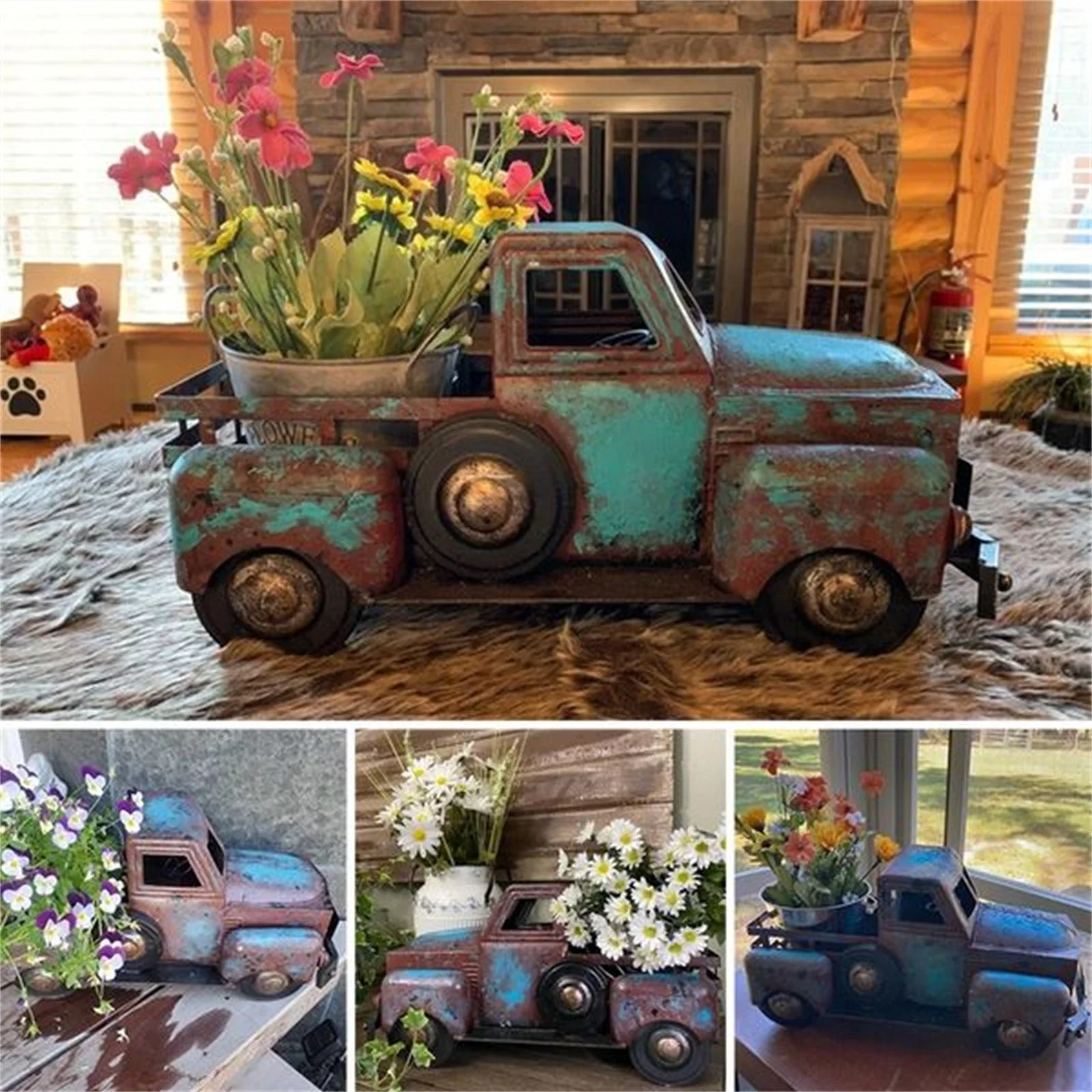Creative Retro Green Small Truck Flower Pot Flower Succulent Potted Flower Pot Ornament Resin Statue Ornament Vintage Ornament Set Vintage Christmas Ornament Target Ornament Strength