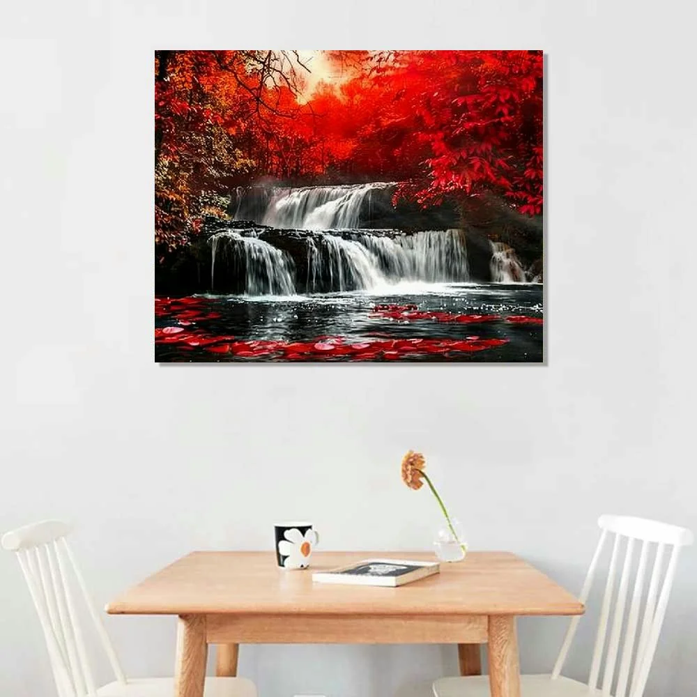 Nawypu Canvas Wall Art Framed Prints Art Red Waterfall Wall Art Decor Landscape Picture Print on Canvas Modern Large Artwork Ready to Hang for Living Room Bedroom Wall Decoration
