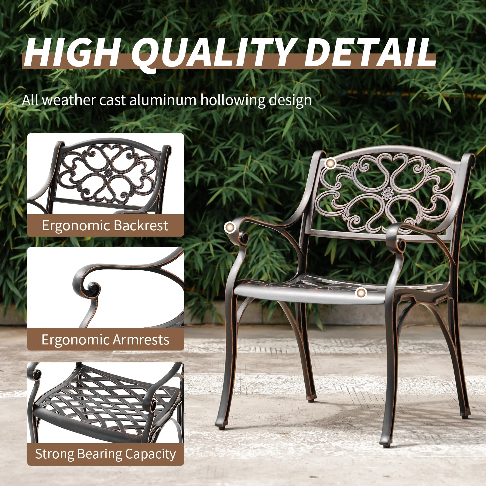 PATIO-IN 4 Pieces Outdoor Bistro Chair Cast Aluminum Patio Dining Chairs with Ergonomic Backrest,Metal Patio Chairs for Balcony, Garden, Deck,Bronze