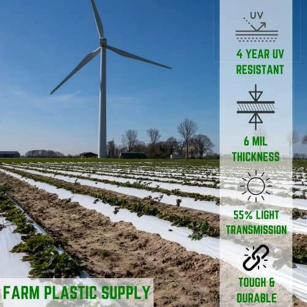 White Greenhouse Plastic Sheeting  6 Mil  (25' X 25')  4 Year UV Resistant Greenhouse Film, 55% Light Transmission Hoop House Cover For Gardening, Agriculture