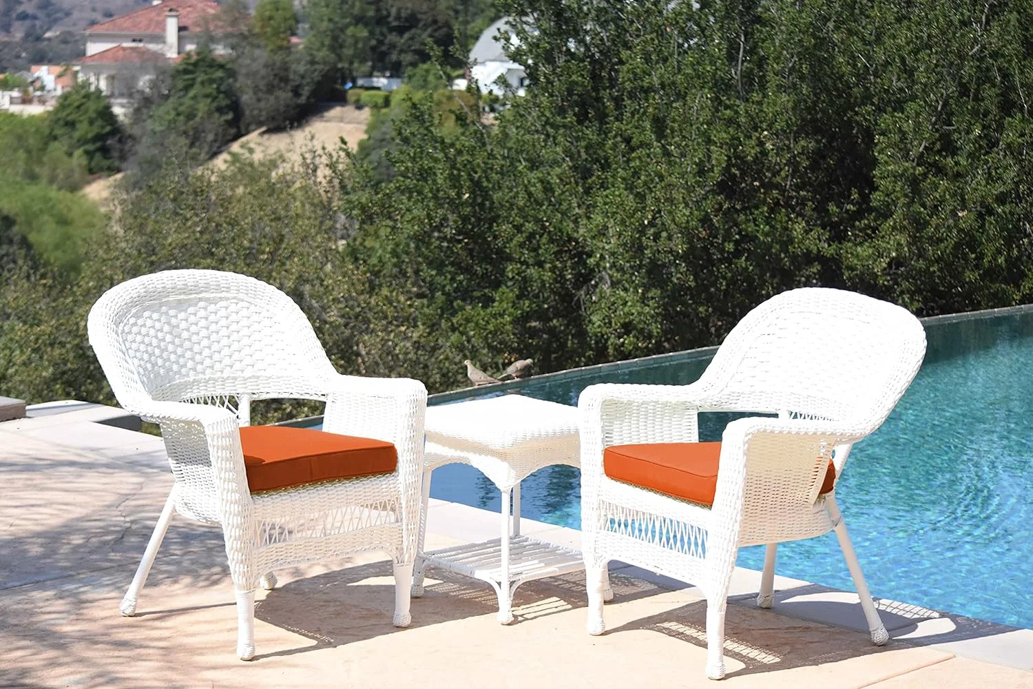3 Piece Wicker End Table Set with with Orange Chair Cushion, White