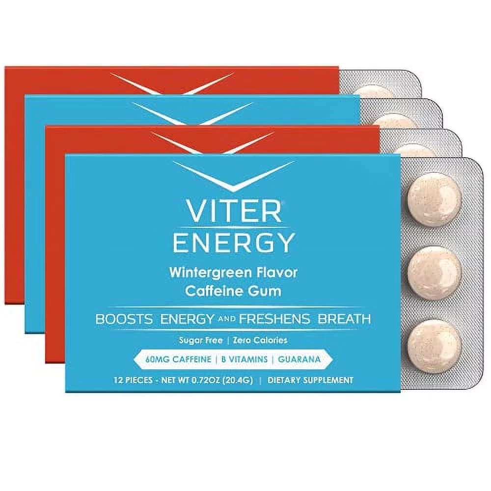 Viter Energy Chewing Gum 60mg Caffeine & B Vitamins, Wintergreen & Cinnamon Variety - 48 Count (4 Pack)