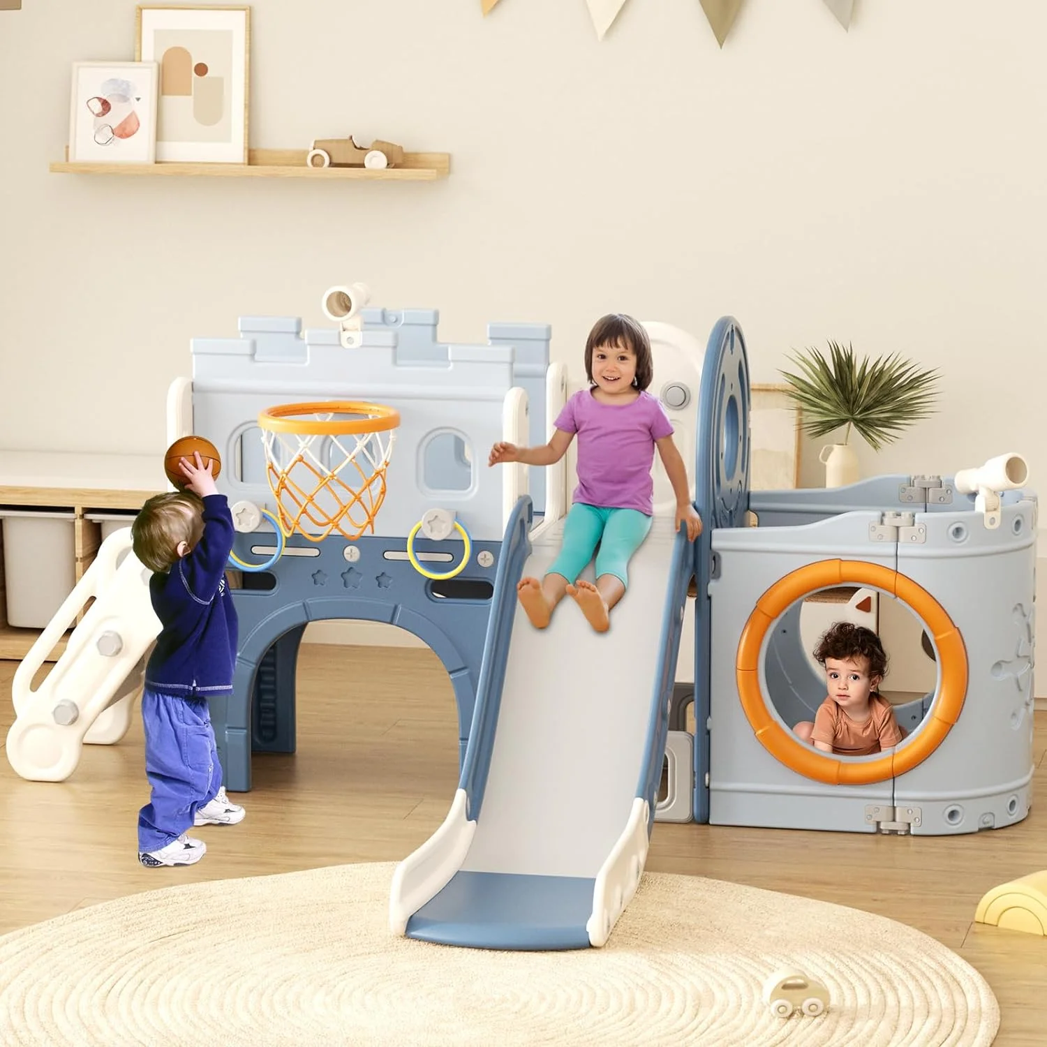 10 in 1 Toddler Slide, Wanan Pirate Ship Kids Slide for Toddlers Aged 1+, Toddler Play Climber Slide Playset with Telescope Basketball Hoop and Ball, Indoor Outdoor Playground