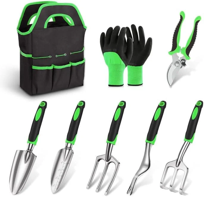 Garden Tool Set 8 Piece, Heavy Duty and Lightweight Aluminium Alloy Tools with Ergonomic Handle, Storage Tote Bag, Gardening Hand Tools, Gardening Gifts for Women and Men Green