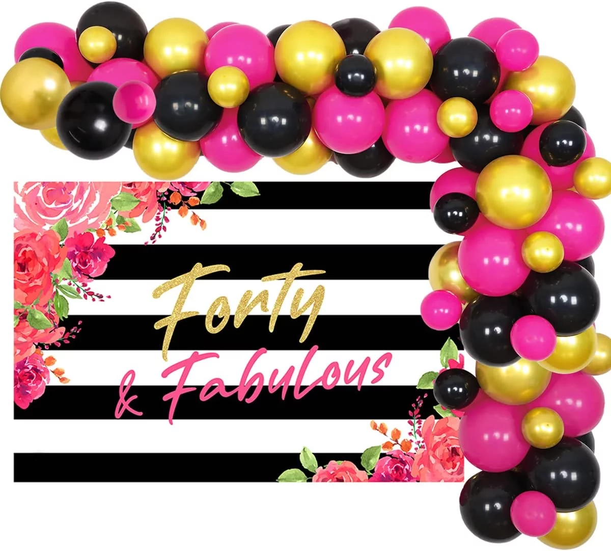 40th Birthday Decorations Women Hot Pink Black and Gold Balloon Garland & Arch Kit with Forty and Fabulous Backdrop Flower Stripes for Her 40th Birthday Party Decor