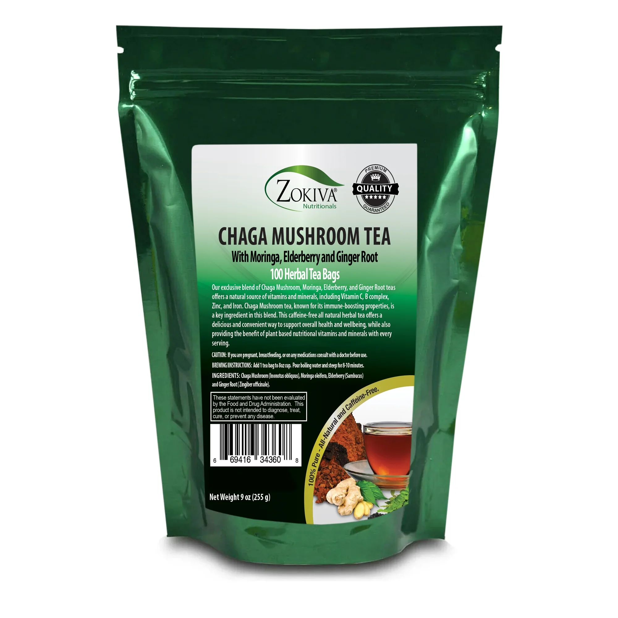 Chaga Tea, Mega Pack 100 Bags - Wellness Blend With Moringa, Elderberry & Ginger