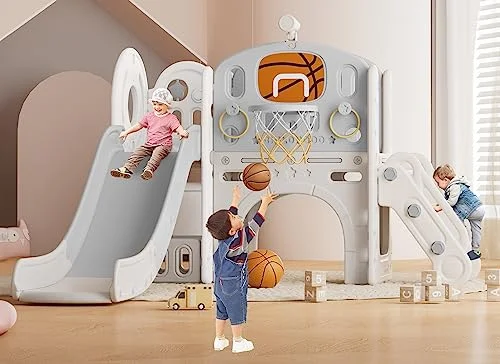 Toddler Slide, 8 in 1 Toddler Indoor Outdoor Playset with Slide, Climber, Basketball Hoop and Ball, Tunnel Crawl, Telescope and Storage Space, Kids Playground Sets for Backyards & Indoor