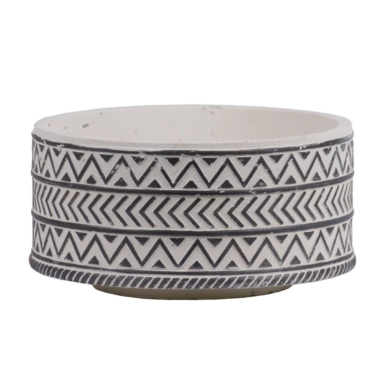 Ceramic Wide Round Pot with Painted Black Embossed Lattice Chevron Design Body and Tapered Bottom Large Washed Finish