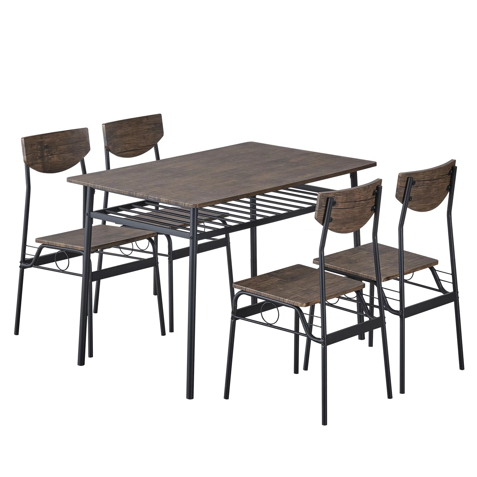 Rectangular Brown Dining Table Set with 4 Chairs and P2 Board Iron Compartment - Easy Assembly, Spacious Design, Perfect for Family Meals