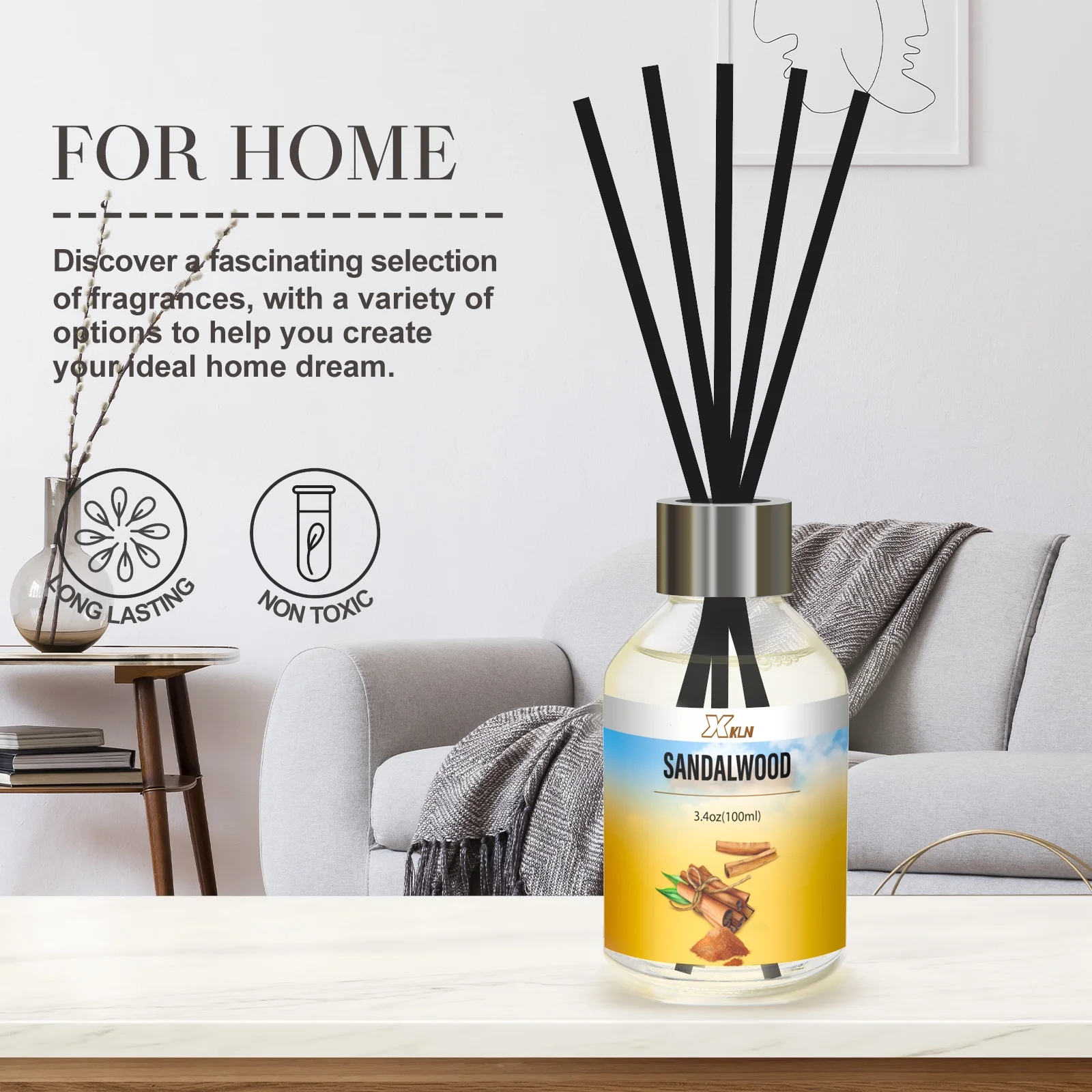 XKLN Reed Diffuser Set, 3.4Oz Sandalwood, Aromatherapy Diffuser for Gift and Home Decor