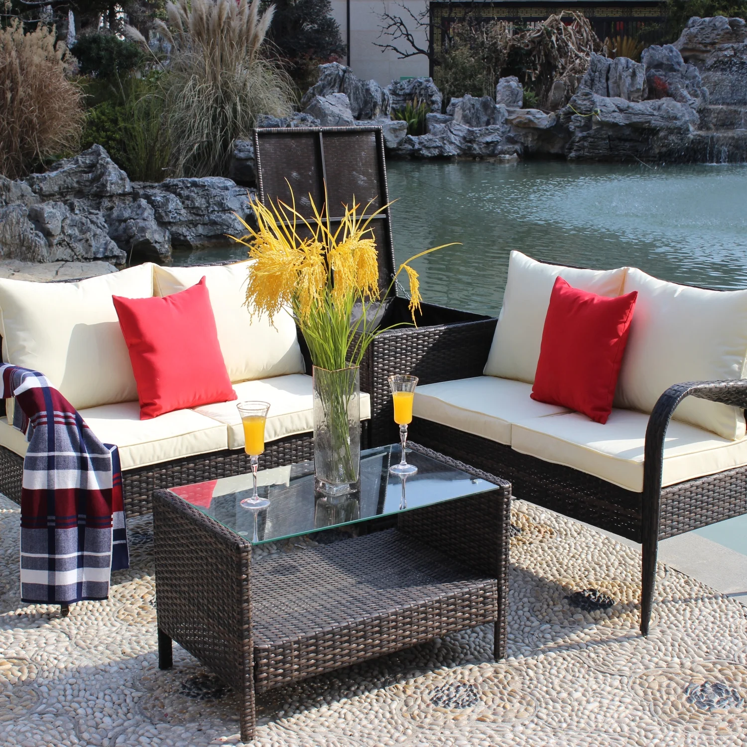 Stylish Brown 4 Piece Outdoor Wicker Rattan Sectional Sofa Set with Storage Box - Durable and Comfortable Furniture for Outdoor Relaxation and Entertainment