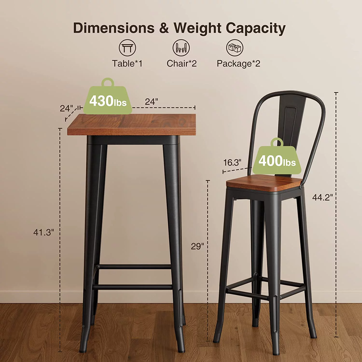 Bar Table Set, Lofka Square Counter Height Bistro Dinette Sets with 2 stools, Brown