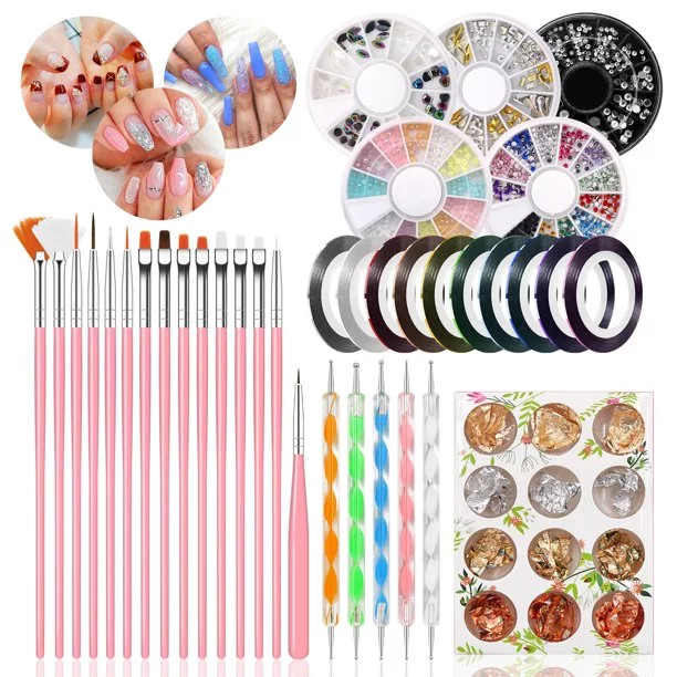 ail Art Kit | Nail Design Kit with 15 Brushes 5 Dotting Pen 10 Striping Tapes Thousands of Rhinestones Gems Crystals 12 Pots Foil Flakes for Nail Arts for Women Teens Beginners Professionals