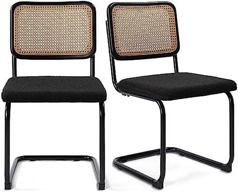 SQHJV Modern Cesca Cane Dining Chairs    Handwoven Rattan Cane Back  Chrome Base  Upholstered Boucle Seat  Ideal for Kitchen or Dining Room  Black