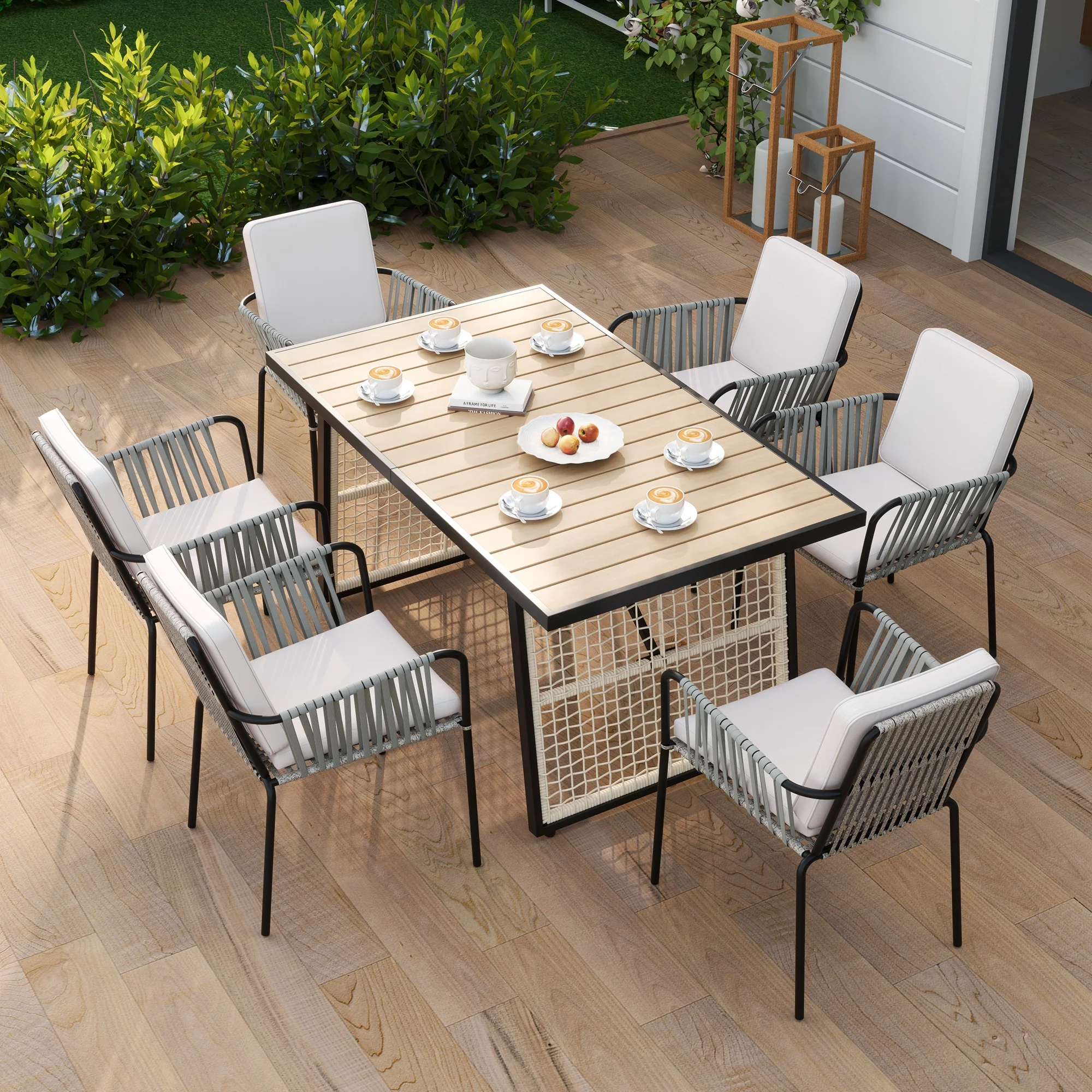 DWVO 7-Piece Patio Outdoor Dining Set, Wicker Patio Furniture Set of 6 Rattan Wicker Chairs (with Cushion) and Rectangular Dining Table - Beige & Gray