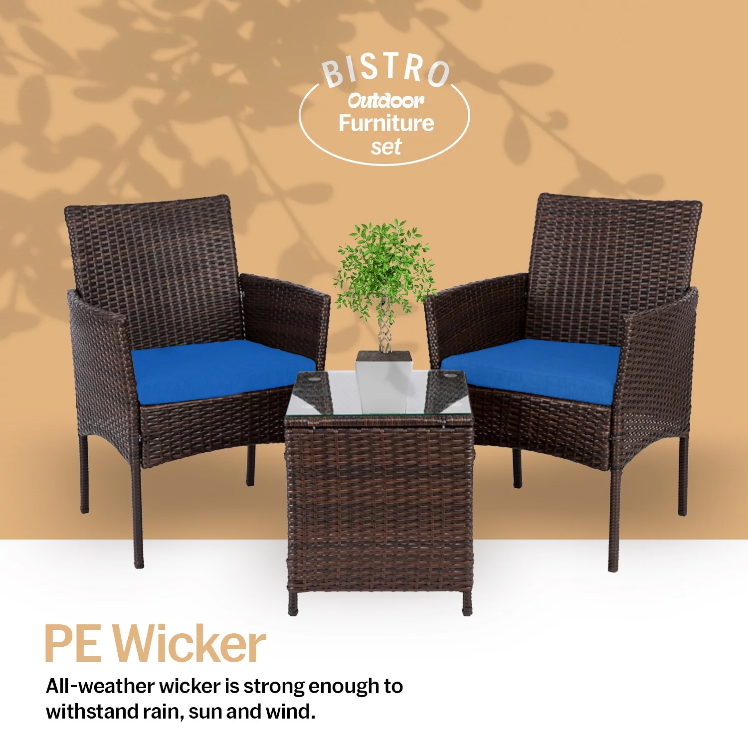 Calla 3 Piece Rattan Bistro Patio Furniture Set – A Solid Squire Tea Table With 2 Comfortable Sitting Chairs - Dark Blue