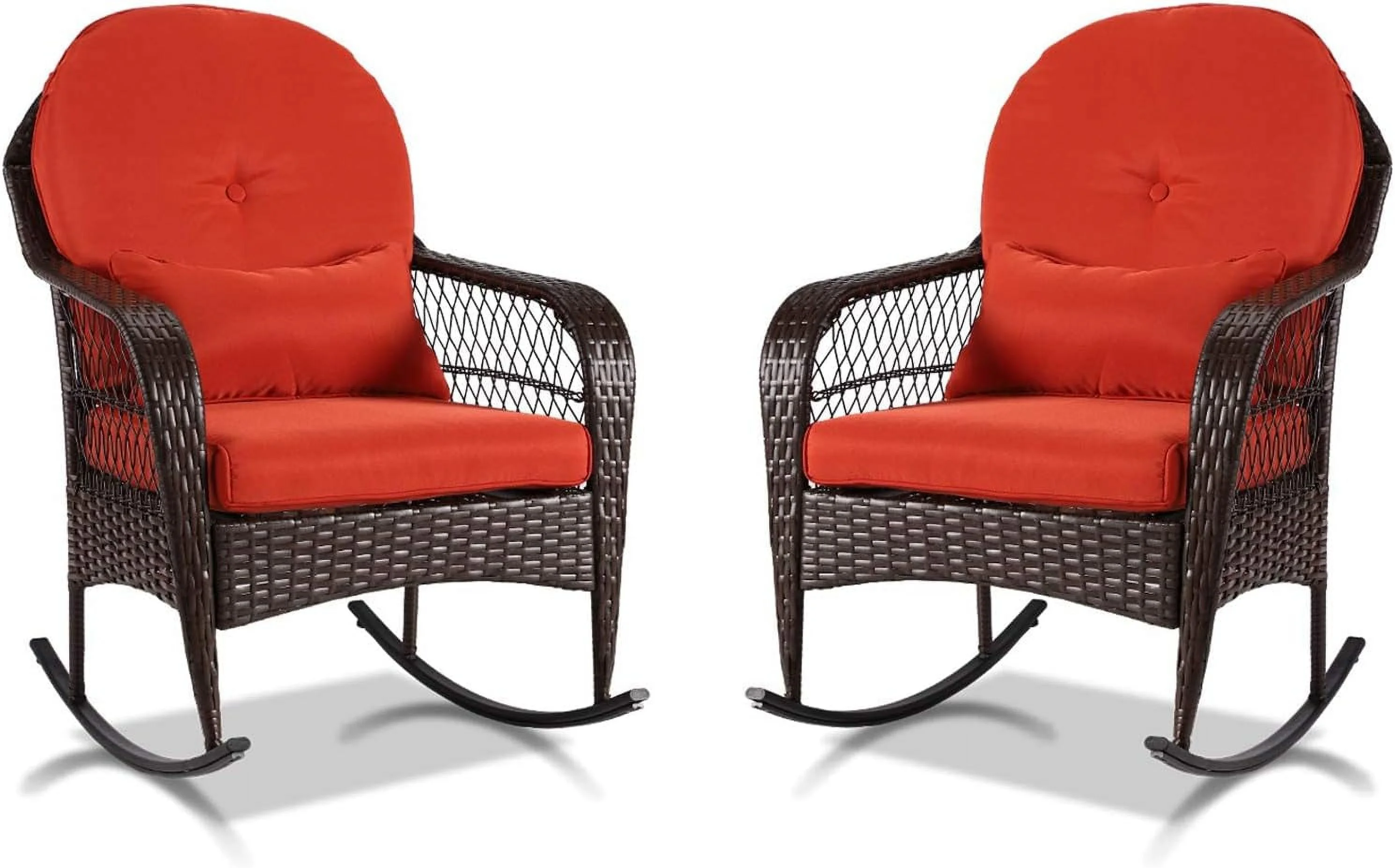 ASDRFYU 2pcs Outdoor Wicker Rocking Chair All Weather Wicker Rocker Chair with Cushions for Garden Patio Yard Porch Lawn Balcony Backyard (2PCS-Brown Wicker-Orange)
