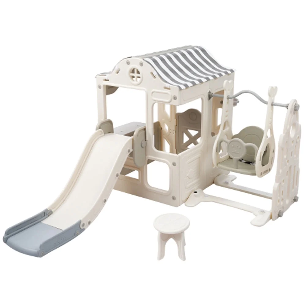 6 in 1 Slide and Swing Set, Climber Slide Playset with Fairy House, Freestanding Slide - Off-White+Grey