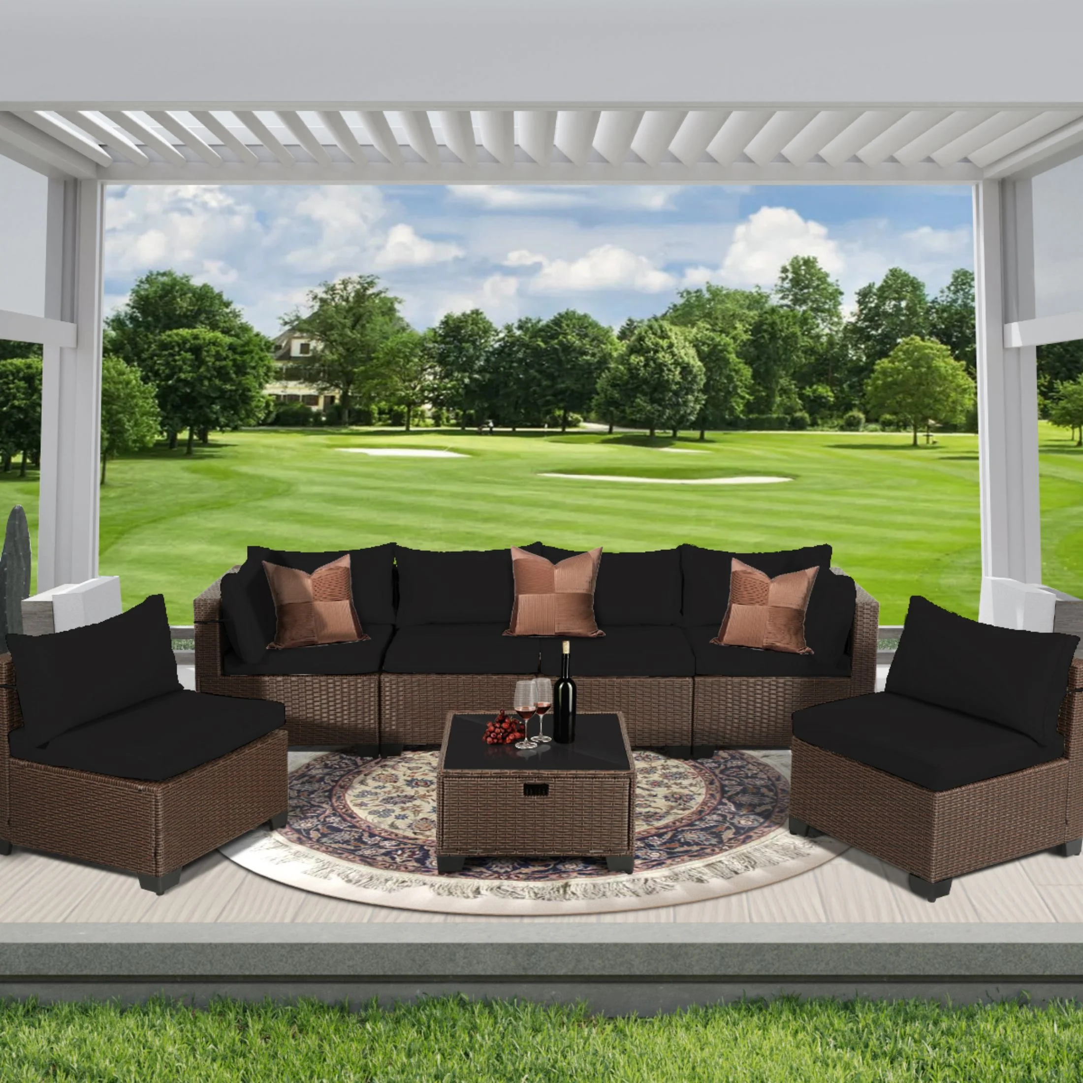 7 Piece Rattan Sectional Sofa Set, Outdoor Conversation Set, All-Weather Wicker Sectional Seating Group with Cushions & Coffee Table, Patio Furniture Set for Patio Porch Garden Poolside,Black