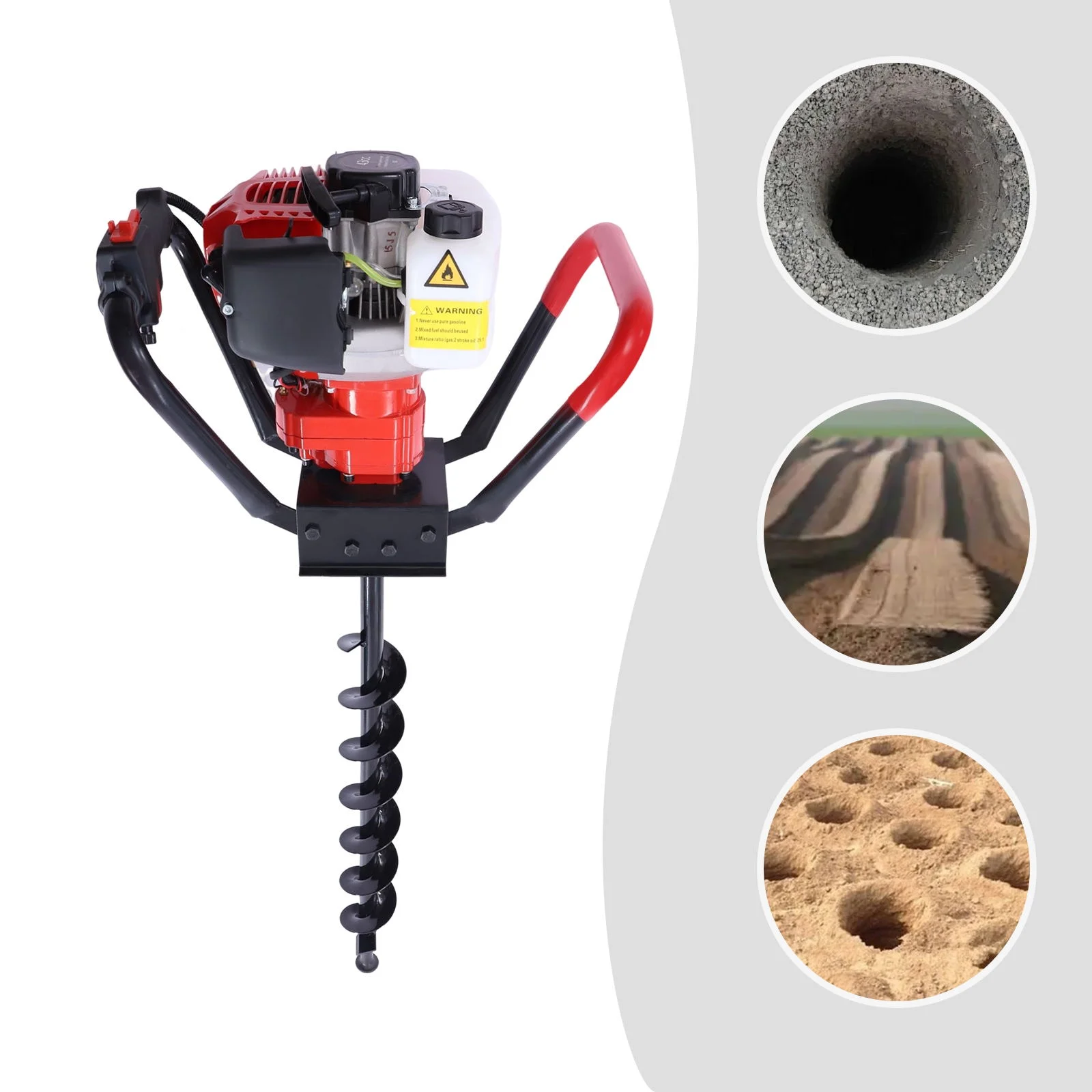 Wuzstar 43cc 1.7HP Gas Powered Post Hole Digger Earth Digger with Earth Auger Drill Bit 8+10+12 Inch