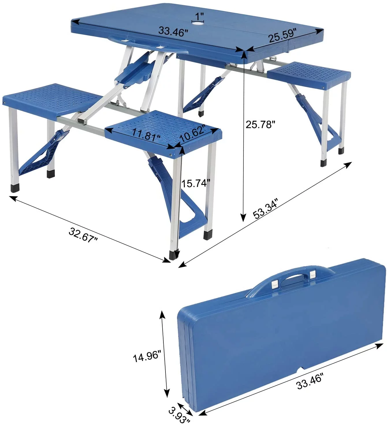 Portable Folding Picnic Table with with 4 Seats Chairs and Umbrella Hole,Plastic PS Thickening Table Chair Set for 4 Persons for Outdoor Camping Dining BBQ Party Blue