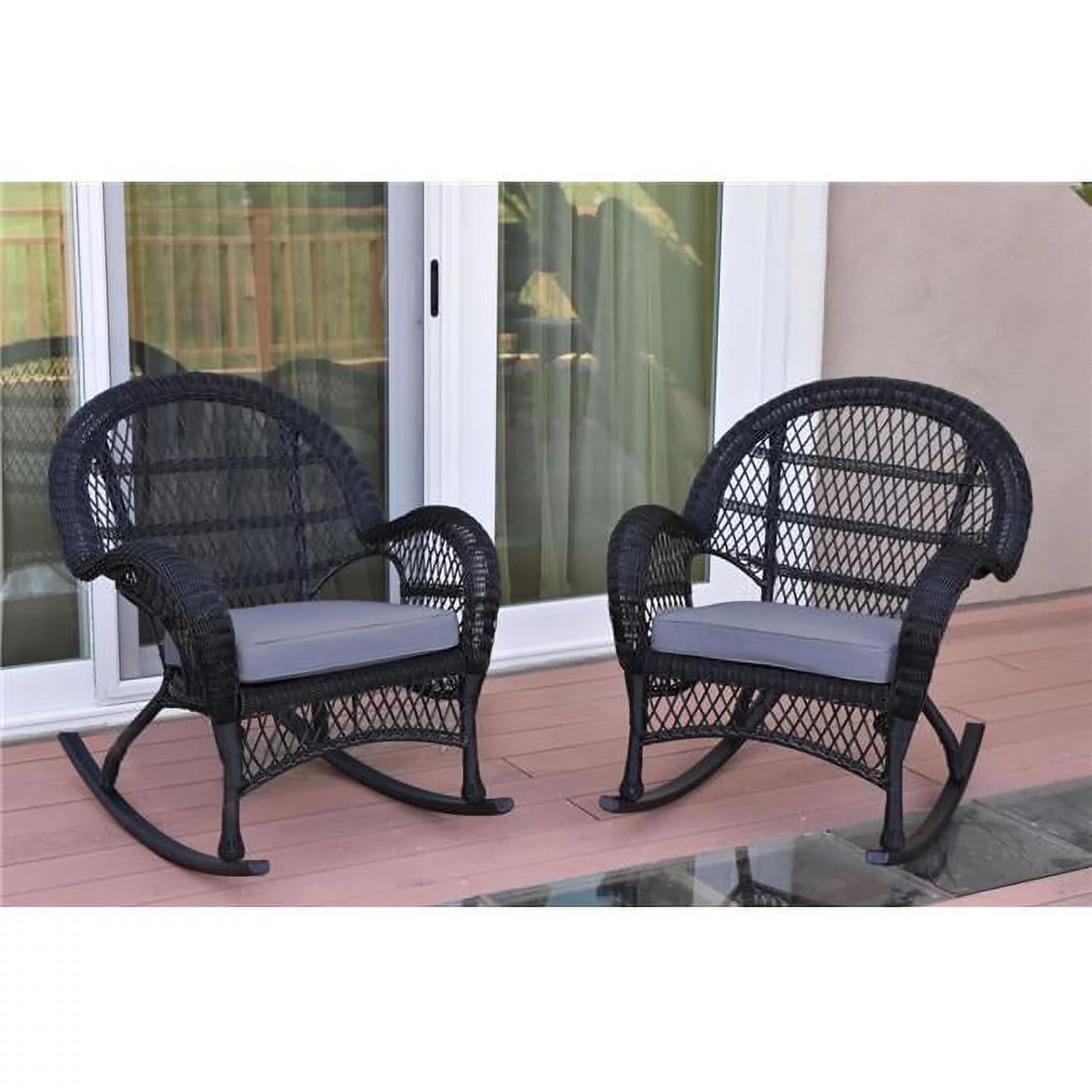 W00211-R-2-FS033 Santa Maria Black Wicker Rocker Chair with Steel Blue Cushion - Set of 2