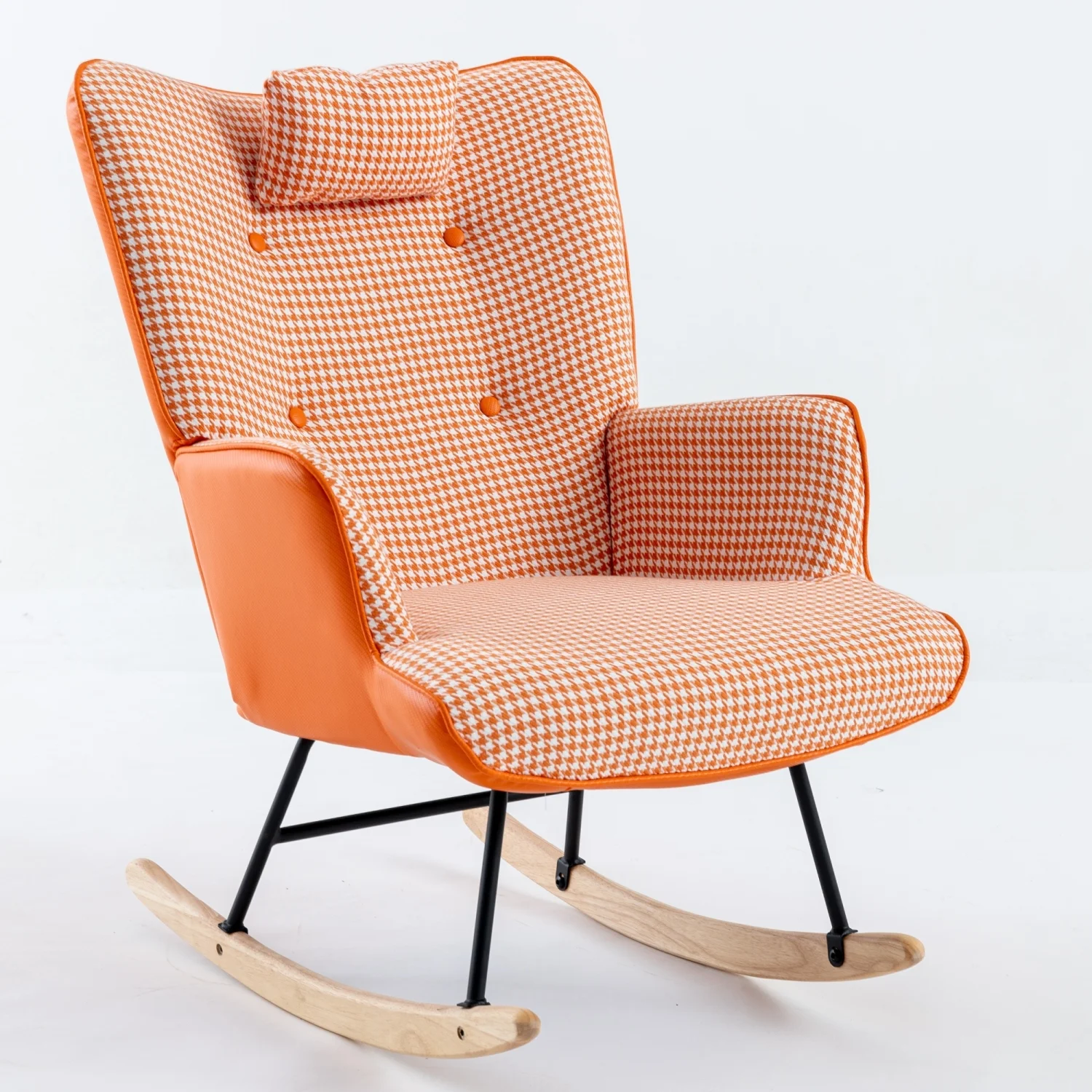 Stylish Vibrant Orange Houndstooth Fabric Leather Rocking Chair - Soft and Comfy 35.5 inch Wingback Glider Rocker with Safe Solid Wood Base for Nursery  Living Room  Bedroom Balcony