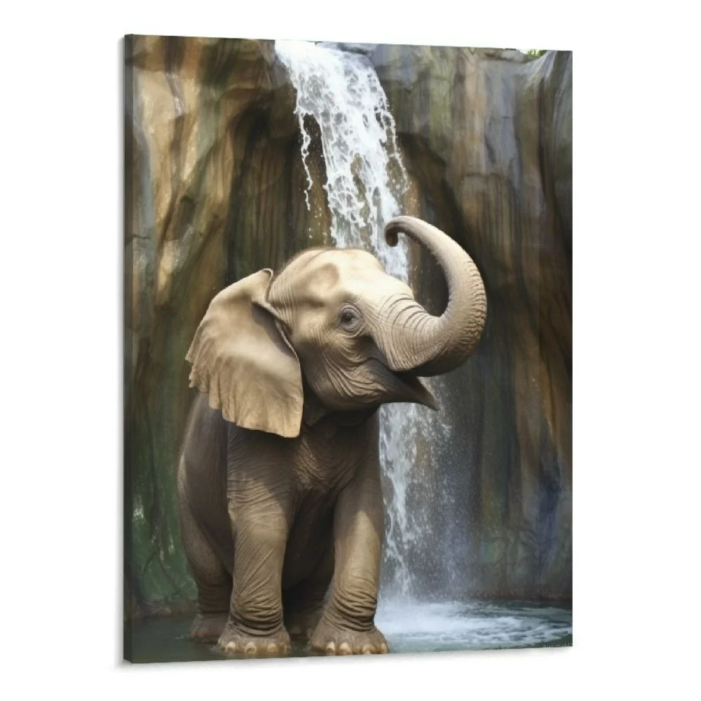 Chilfamy Oil Painting Canvas Wall Art Elephant Squirting Water,Picture Prints Artwork Stretched and Framed Animal Waterfall Landscape,Wall Decor Ready to Hang for Living Room Bedroom Bathroom 16x20in
