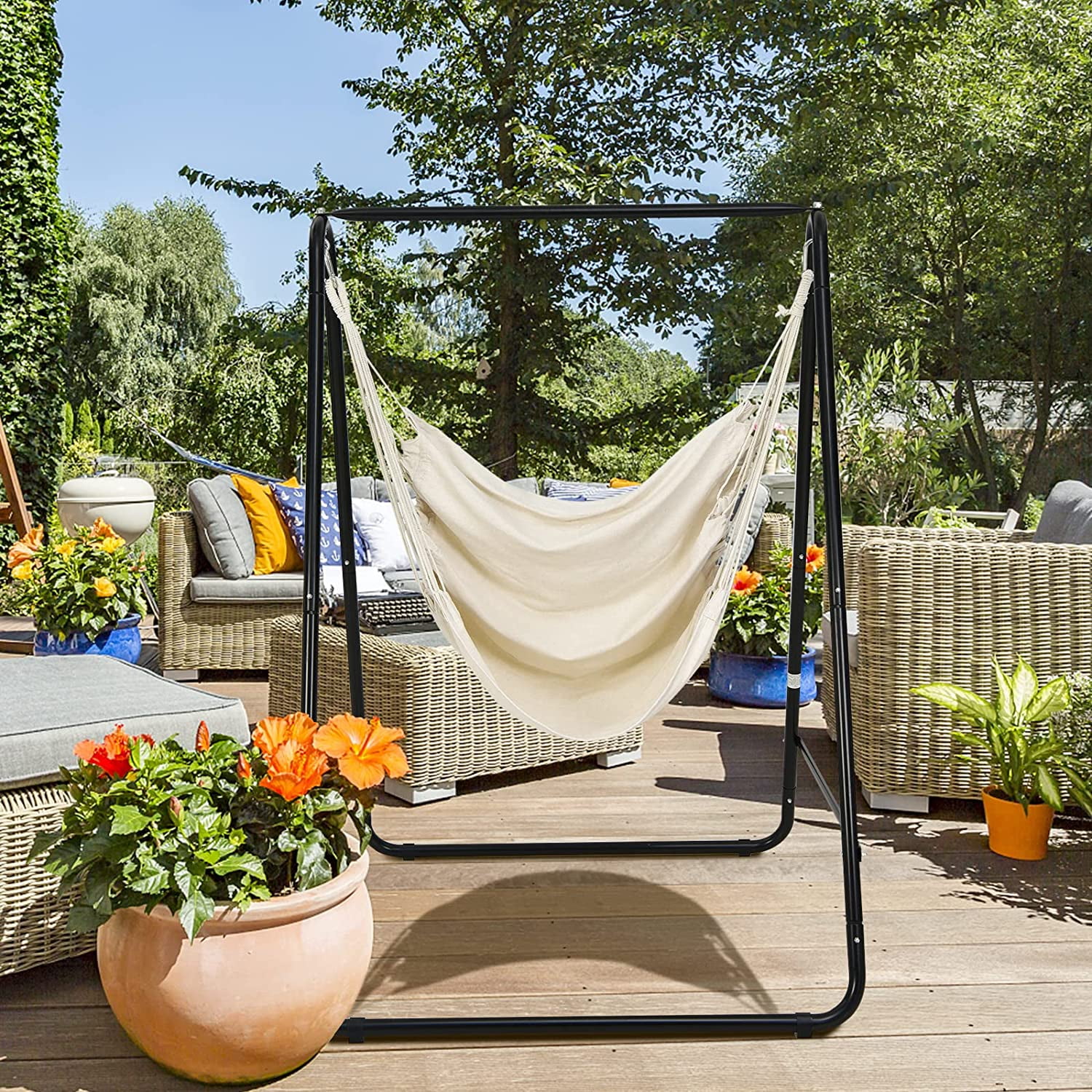 Hammock Chair with Stand, Heavy-Duty Powder-Coated Steel Stand with Hanging Swing, for Outside, Patio, Backyard, Beige