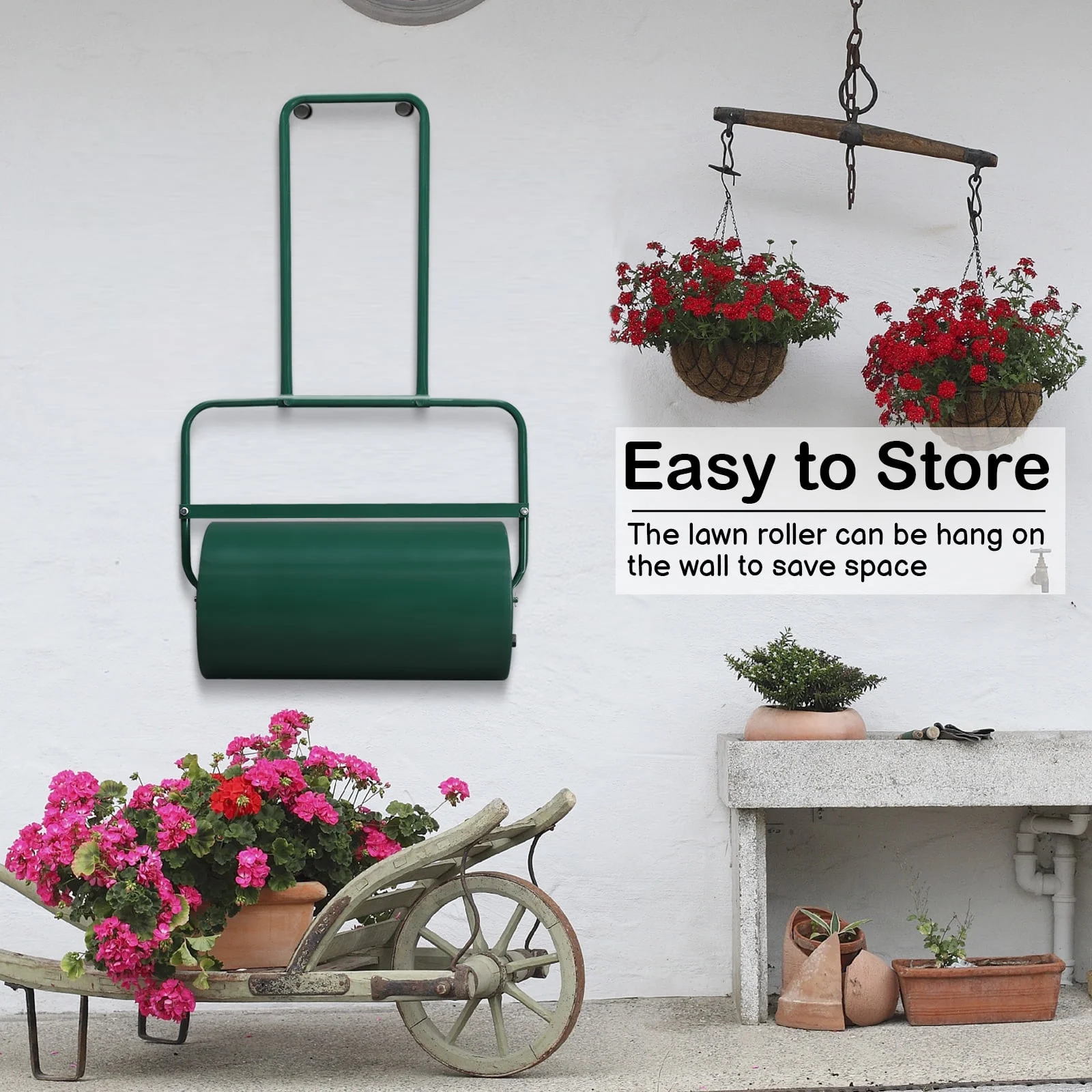 24in Garden Roller Lawn Steel Water Filled Push for Garden, Yard Green