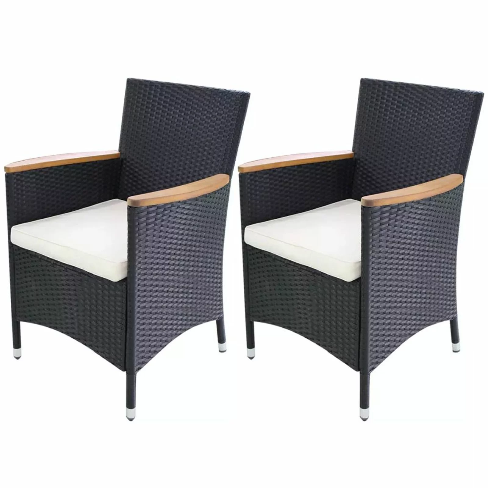 Dcenta 2 Piece Patio Chairs with Cream White Cushion and Acacia Wood Armrest Black Poly Rattan  Dining Chair for Garden, Backyard, Poolside,  23.2 x 23.6 x 34.6 Inches (W x D x H)