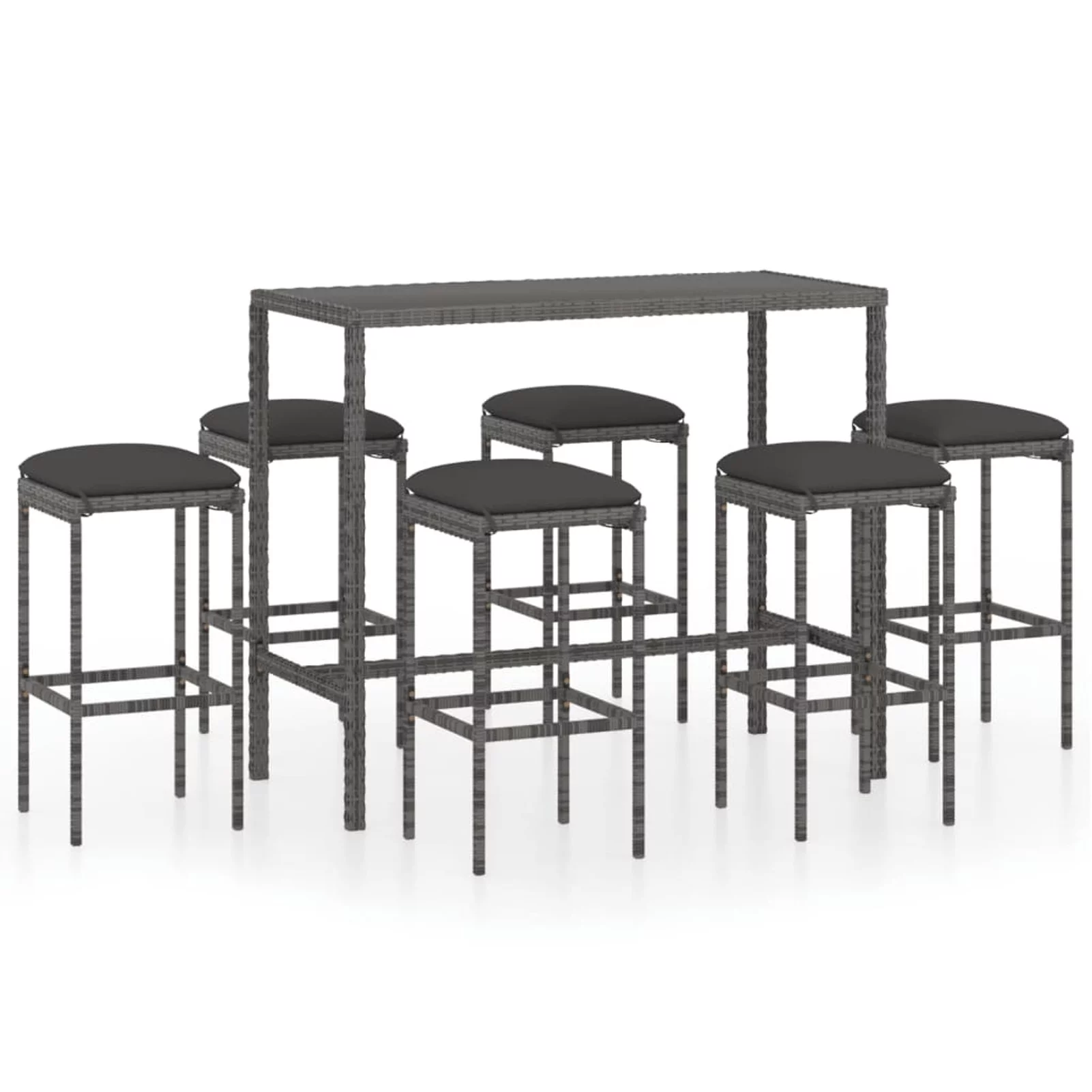 Dcenta 7 Piece Patio Bar Set with Cushions Poly Rattan Gray