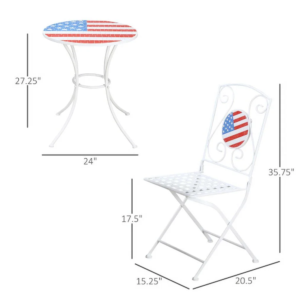ZJbiubiuHome 3 Piece Patio   Folding Outdoor  with  Mosaic Table and Chairs  Portable Metal Frames for 4th of July  Balcony  Backyard  Poolside  Porch  American Flag