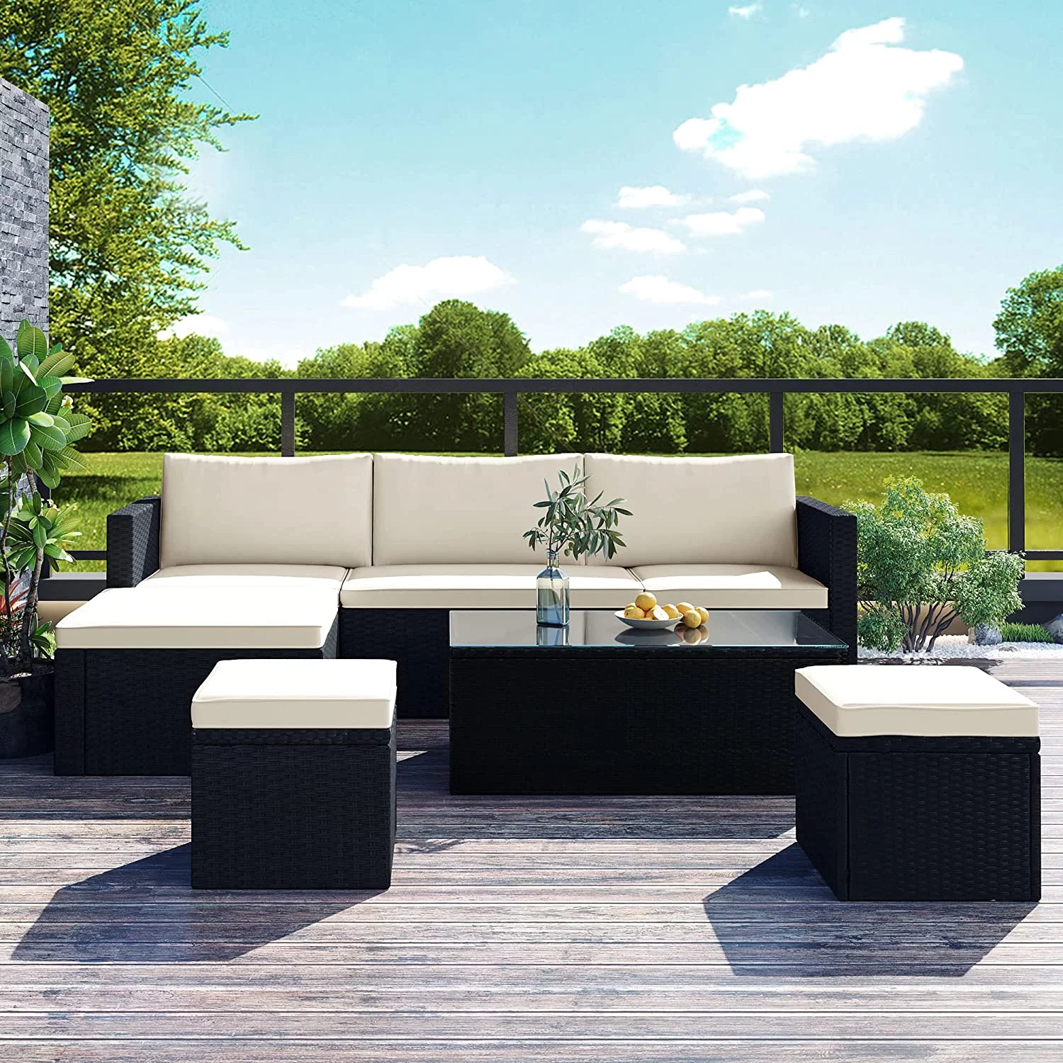 3 Piece Outdoor Patio  Set  PE Rattan Wicker Sofa Sectional Chair with Removable Cushion and Two Glass Table L-Shaped Corner for Poolside Backyard  Beige