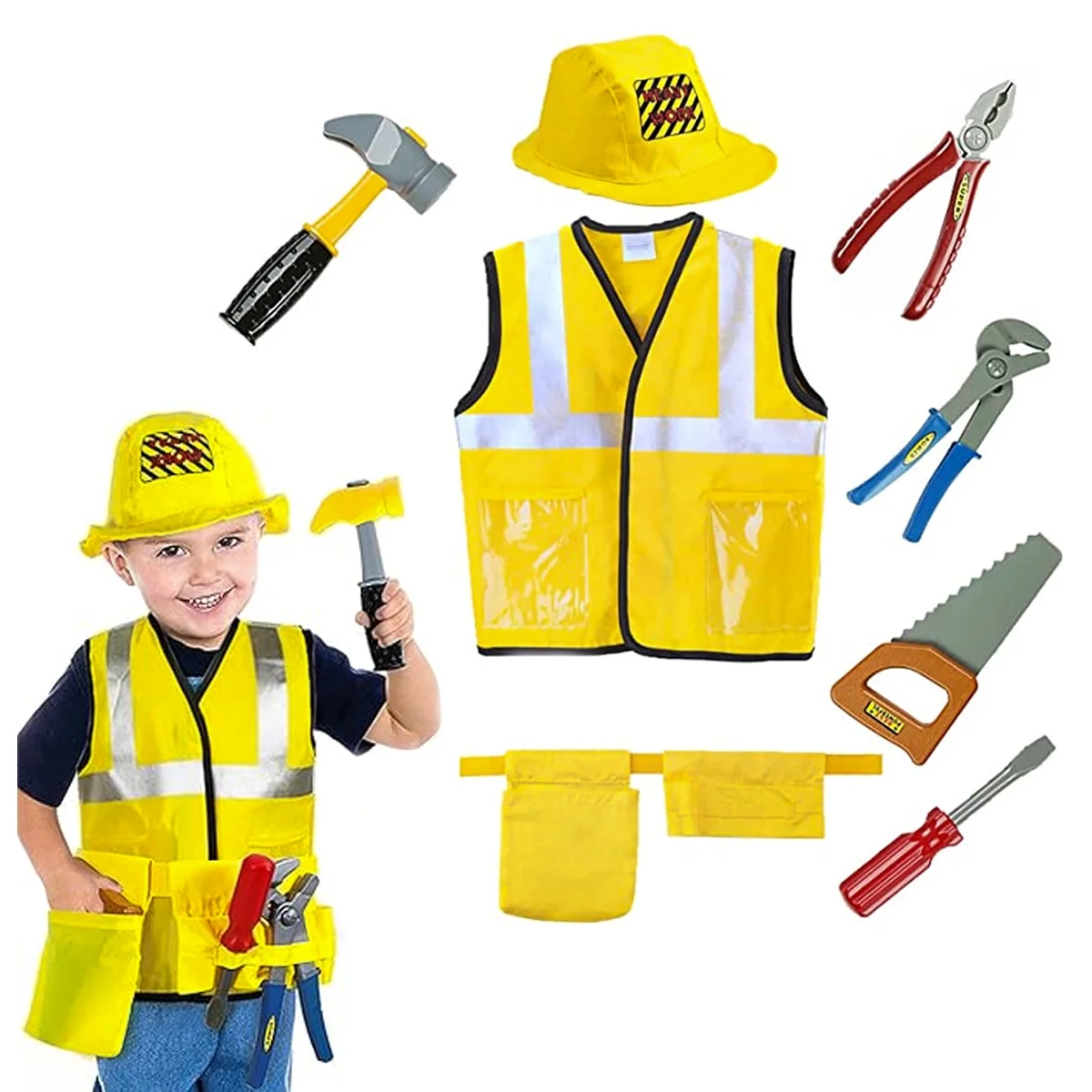 Construction Worker Costumes for Boys, Kids Builder Dress Up with Tool Set for Kids Pretend Role Play, Halloween Birthday Gift 3 4 5 6 Years Old
