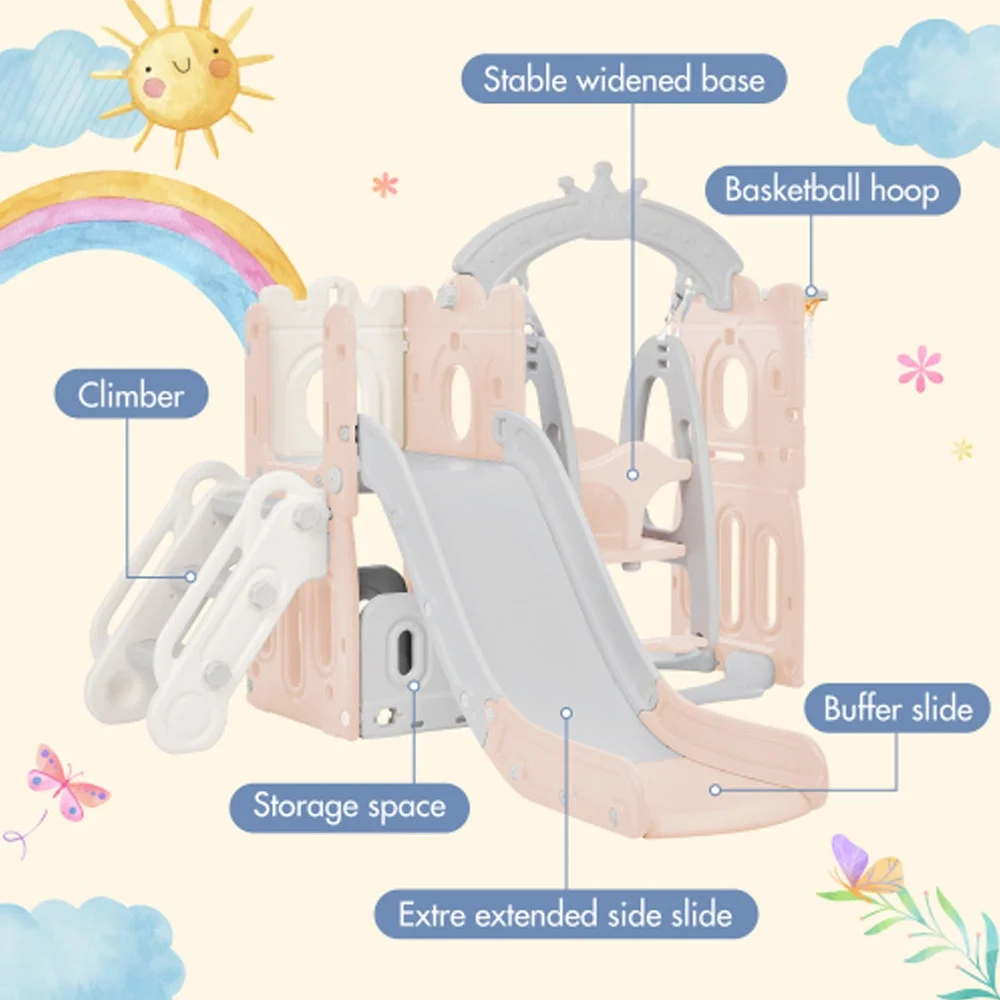 Slide and Swing Set 5 in 1, Playground Climber Slide Playset with Basketball Hoop Freestanding Combination - Pink