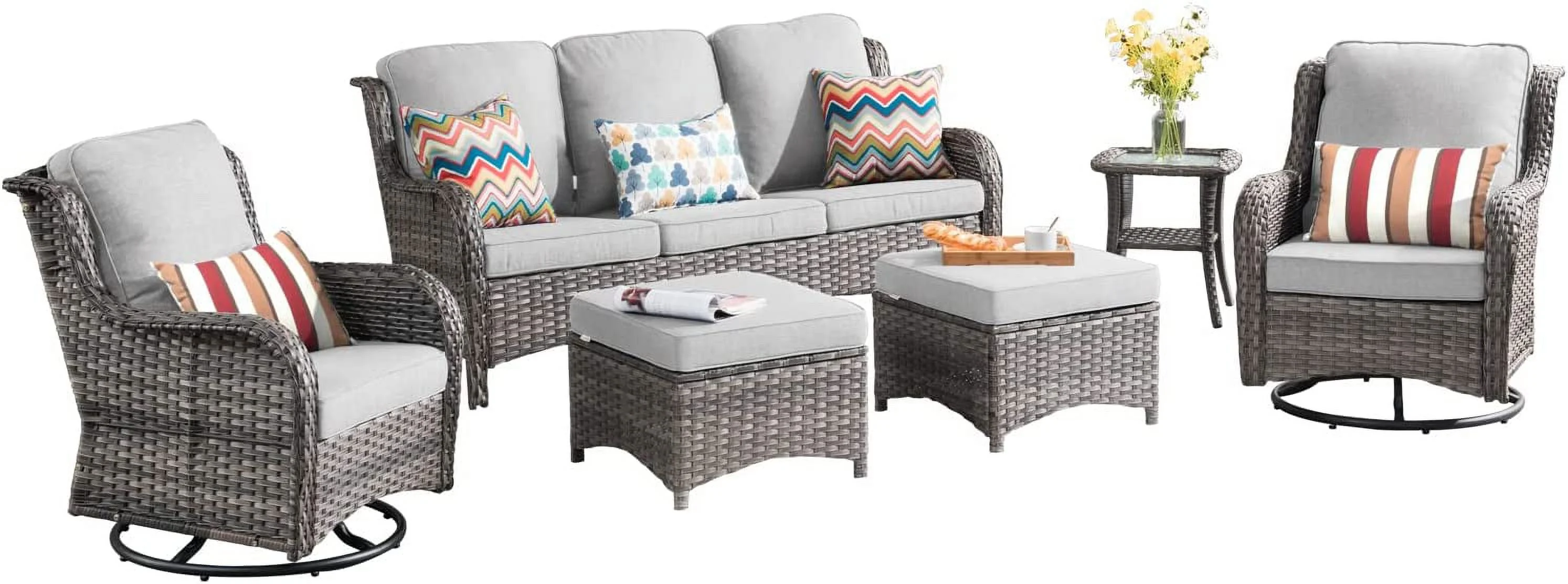 Outdoor Swivel Rocking Chairs with 50 000 BTU Propane Fire Pit Table 7 Pieces All Weather PE Wicker Patio Conversation Sofa and Matching  Brown Rattan Orange Red