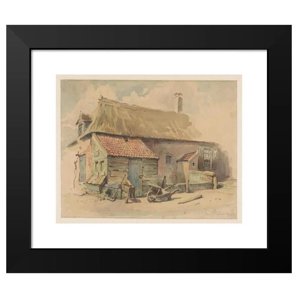 Jan Striening 14x12 Black Modern Framed Museum Art Print Titled - Farmhouse with Wooden Extension, a Wheelbarrow and a Grindstone (1837 - 1903)