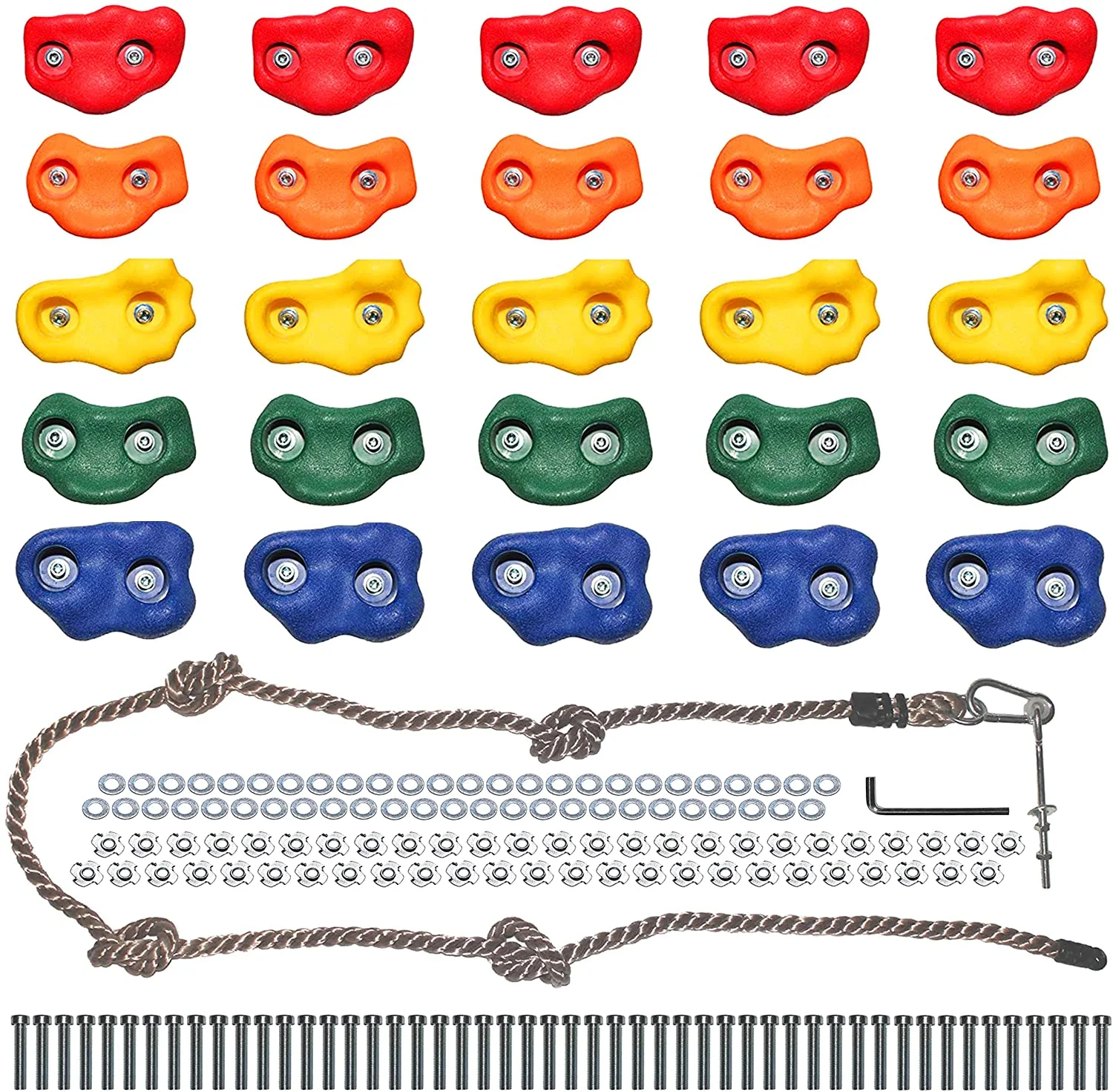 Rock Climbing Holds for Kids - Indoor & Outdoor Rock Wall Climbing Kit with Mounting Hardware, Knotted Rope and 25 Handles - Playground Accessories