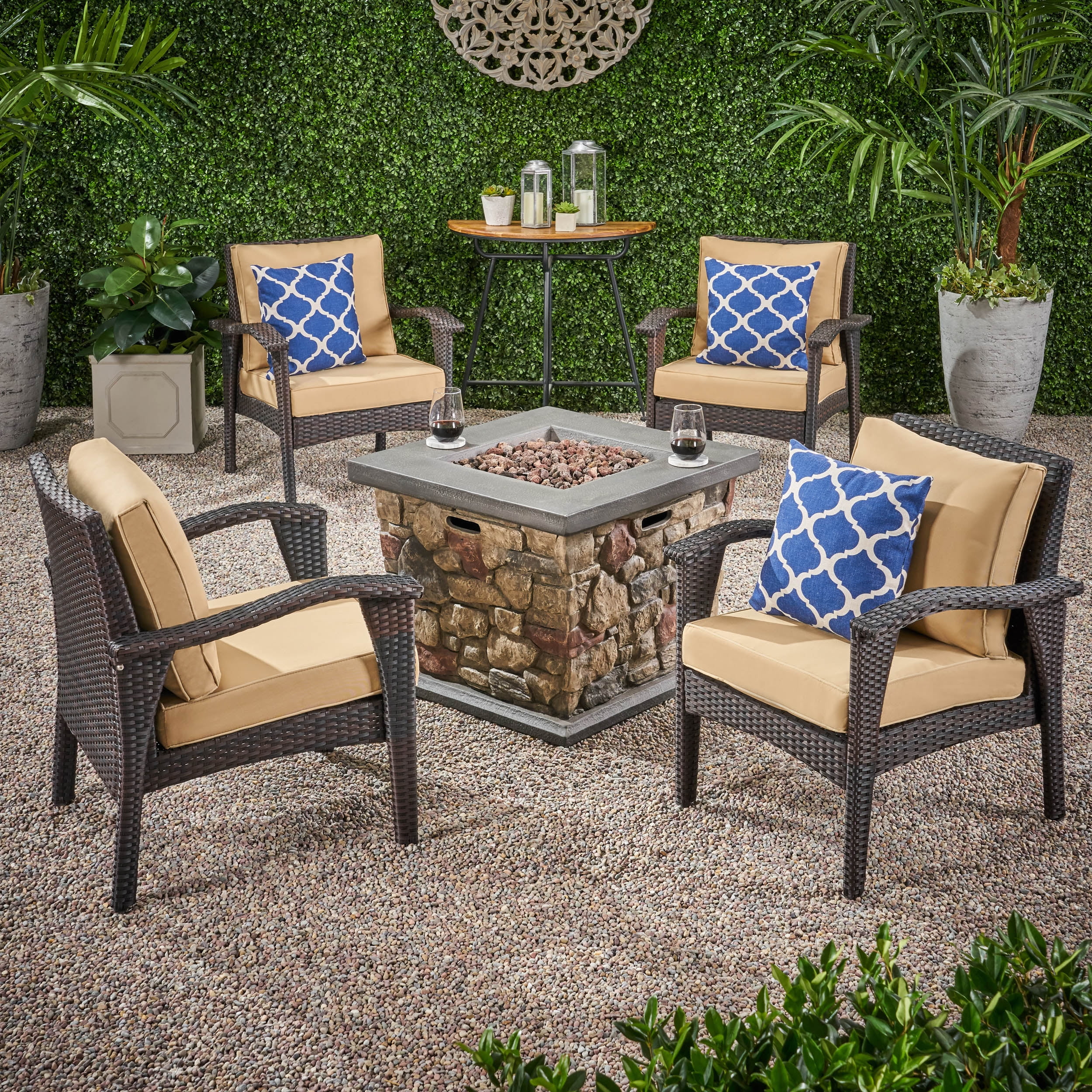 GDF Studio Makenah Outdoor 4 Club Chair Chat Set with Fire Pit, Brown and Tan