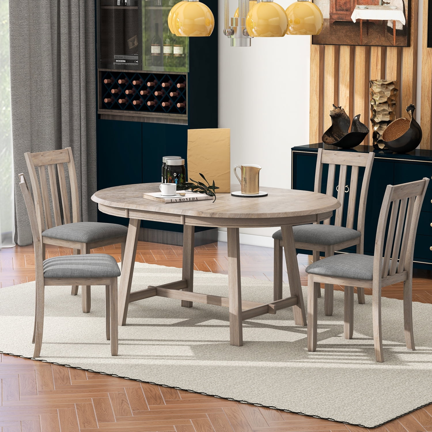 Stylish and Elegant 5-Piece Wooden Dining Room Furniture Set with Modern TREXM Round Extendable Dining Table and 4 Comfortable Chairs for a Comfortable and Stylish Dining Experience - Nat