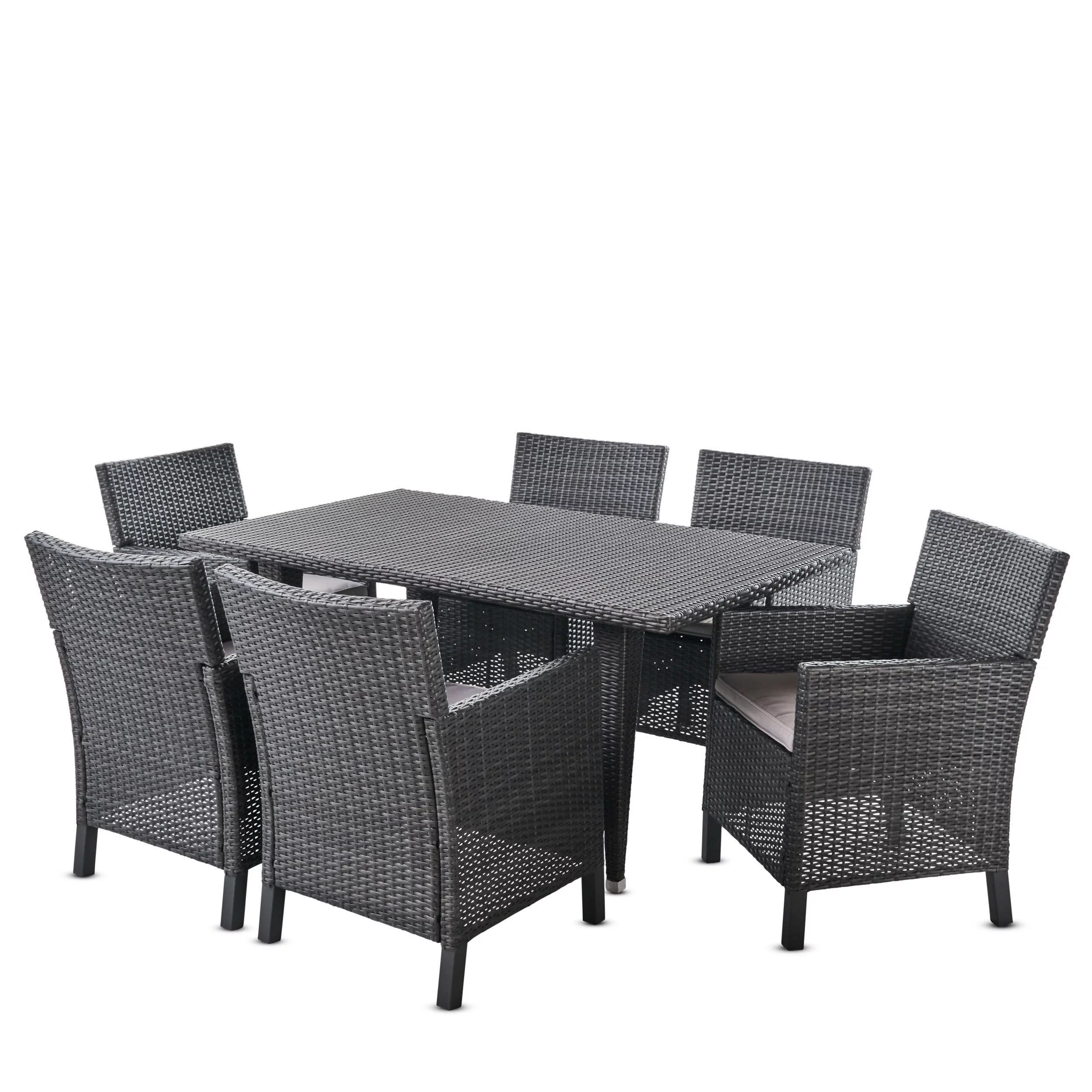 GDF Studio Landon Outdoor Wicker 7 Piece Dining Set with Cushion, Gray and Light Gray