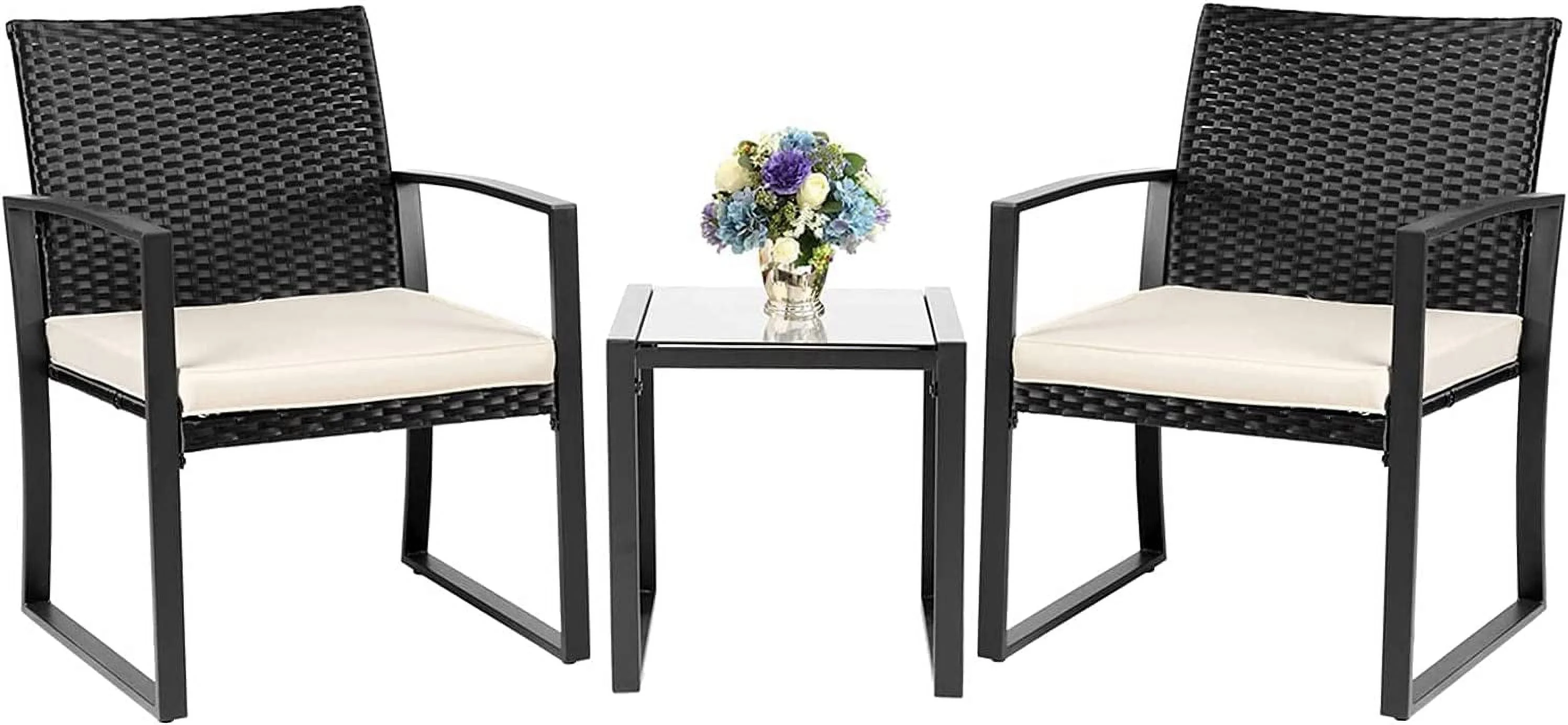 3 Pieces Patio  Set Outdoor Wicker Conversation Set Modern Bistro Set Black Rattan Balcony Chair Sets with Coffee Table for Yard and Bistro(Grey)