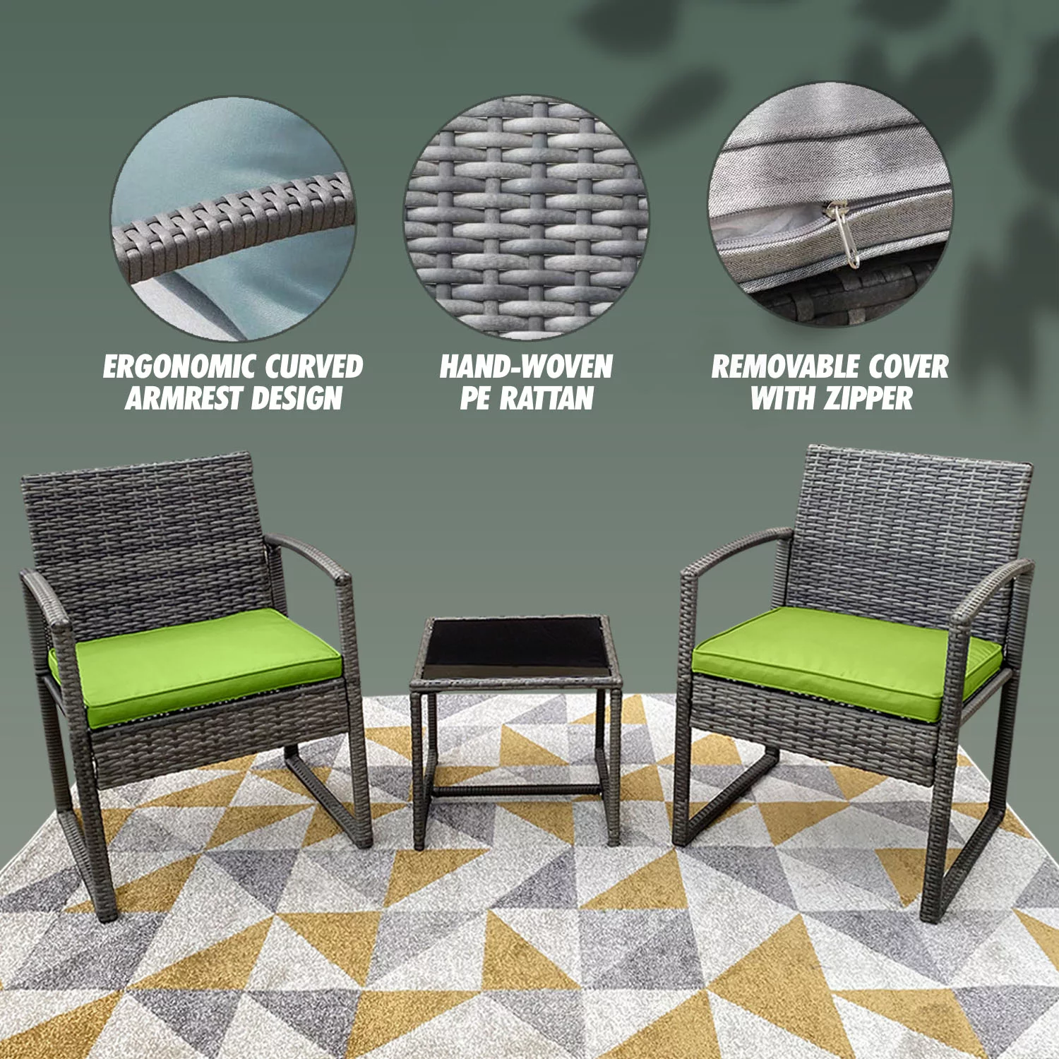 Brier 3-Piece Rattan Unwinding Furniture Set -Two Soft Cushion Sitting Chairs with a Glass Coffee Table - Green