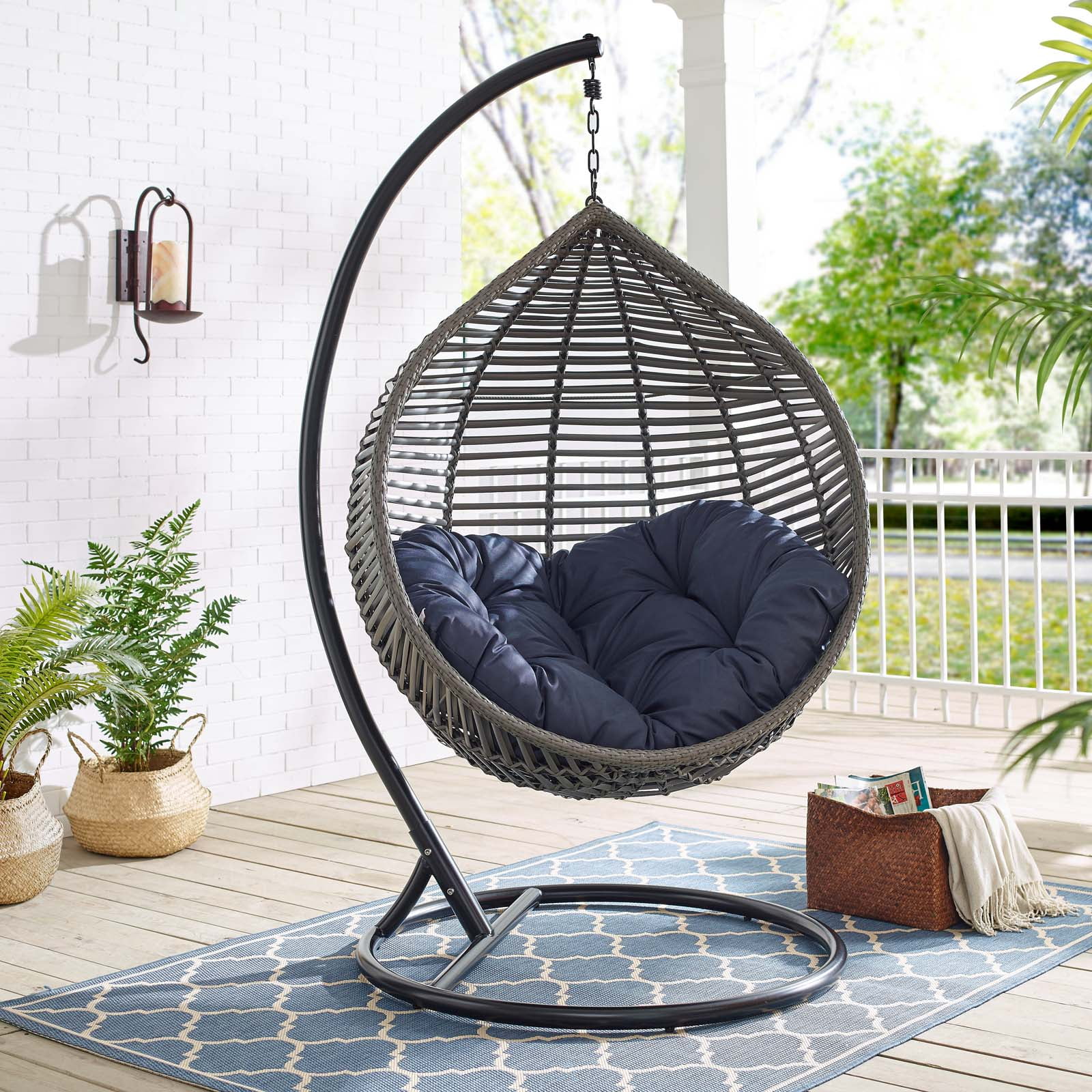 Contemporary Modern Urban Designer Outdoor Patio Balcony Garden Furniture Lounge Swing Chair, Fabric Steel Metal, Grey Gray Navy Blue