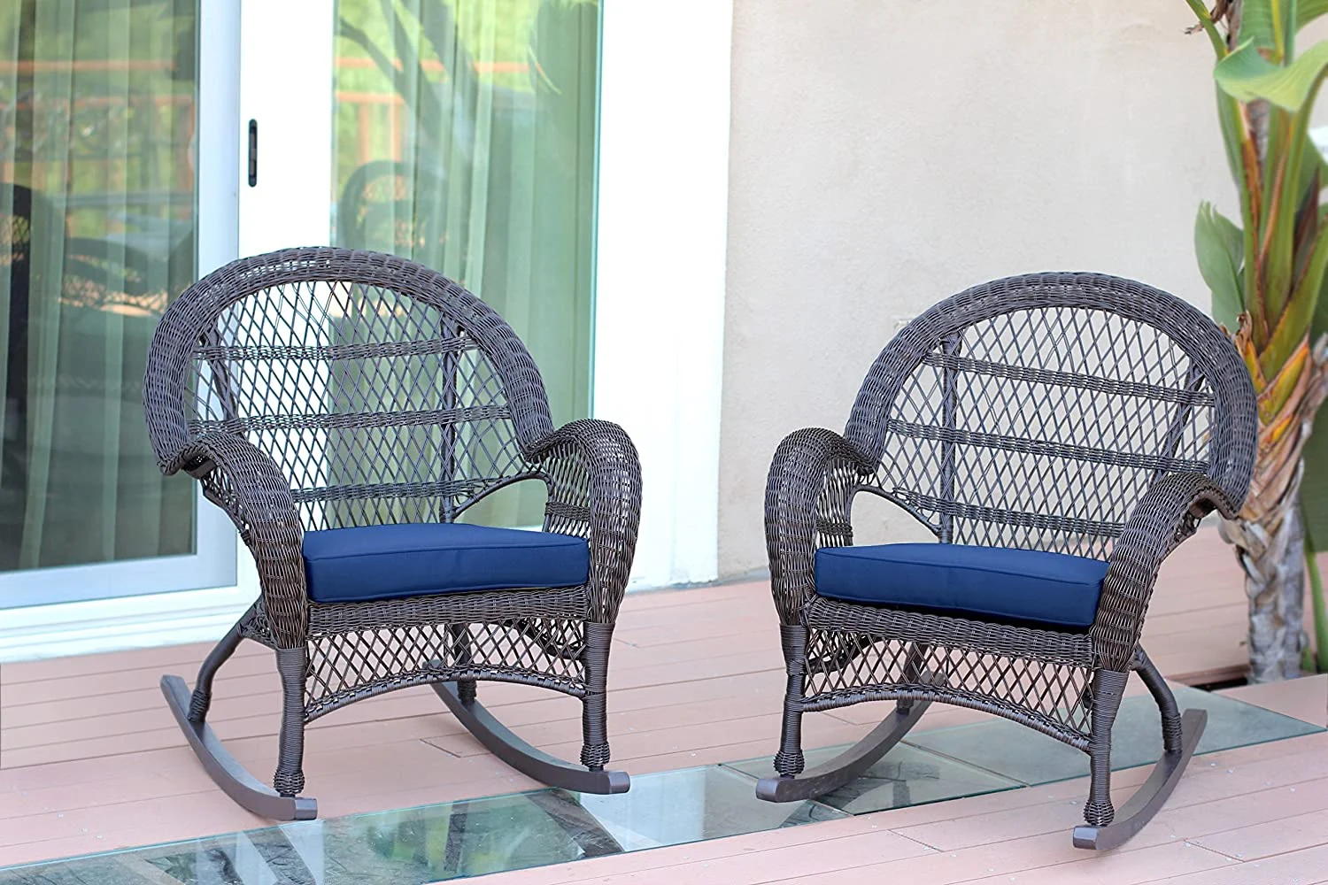Wicker Rocker Chair with Blue Cushion, Set of 2, Espresso