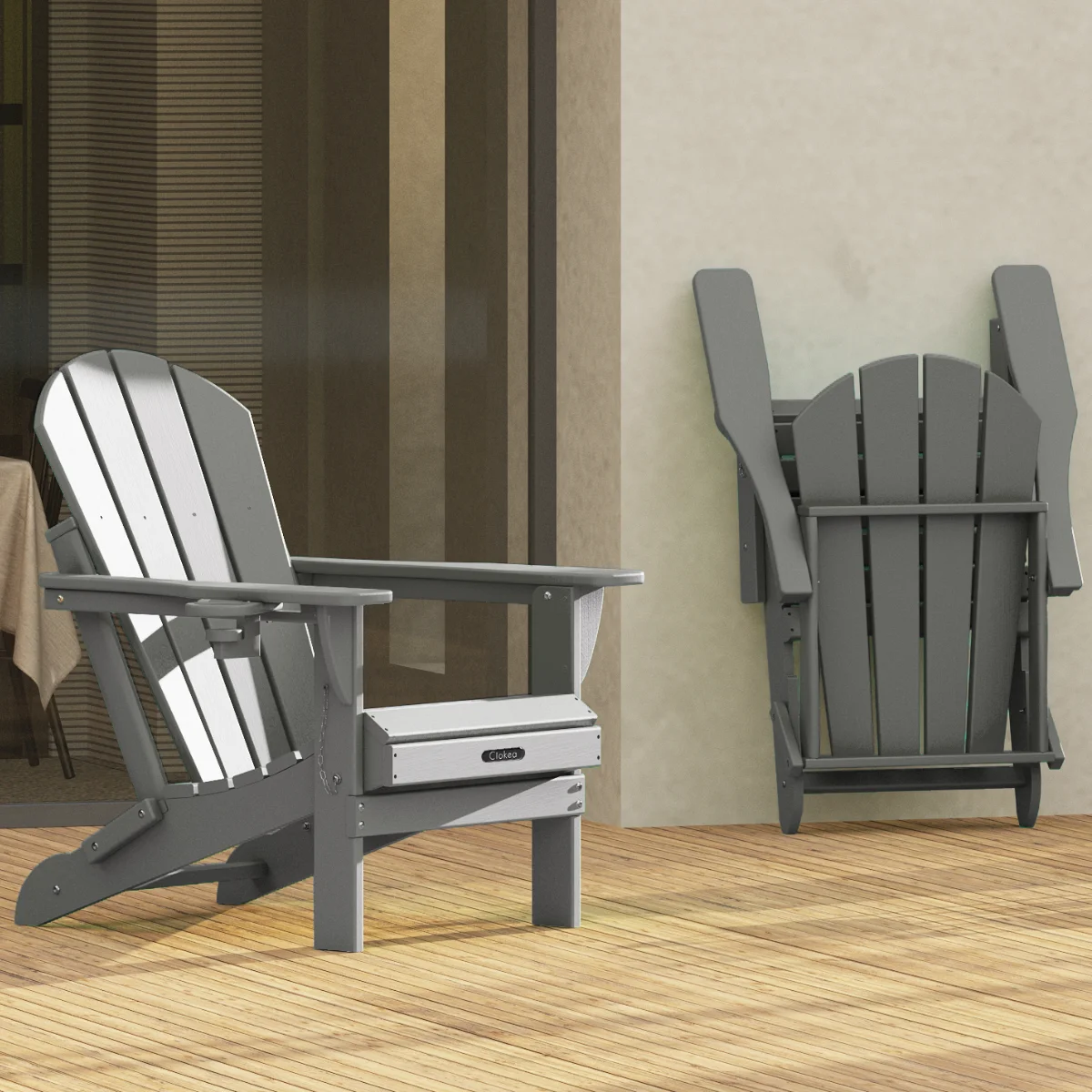 HDPE Adirondack Chair with Cup Holder, Wood Texture Fire Pit Chair, Weather Resistant Patio Chair, Grey