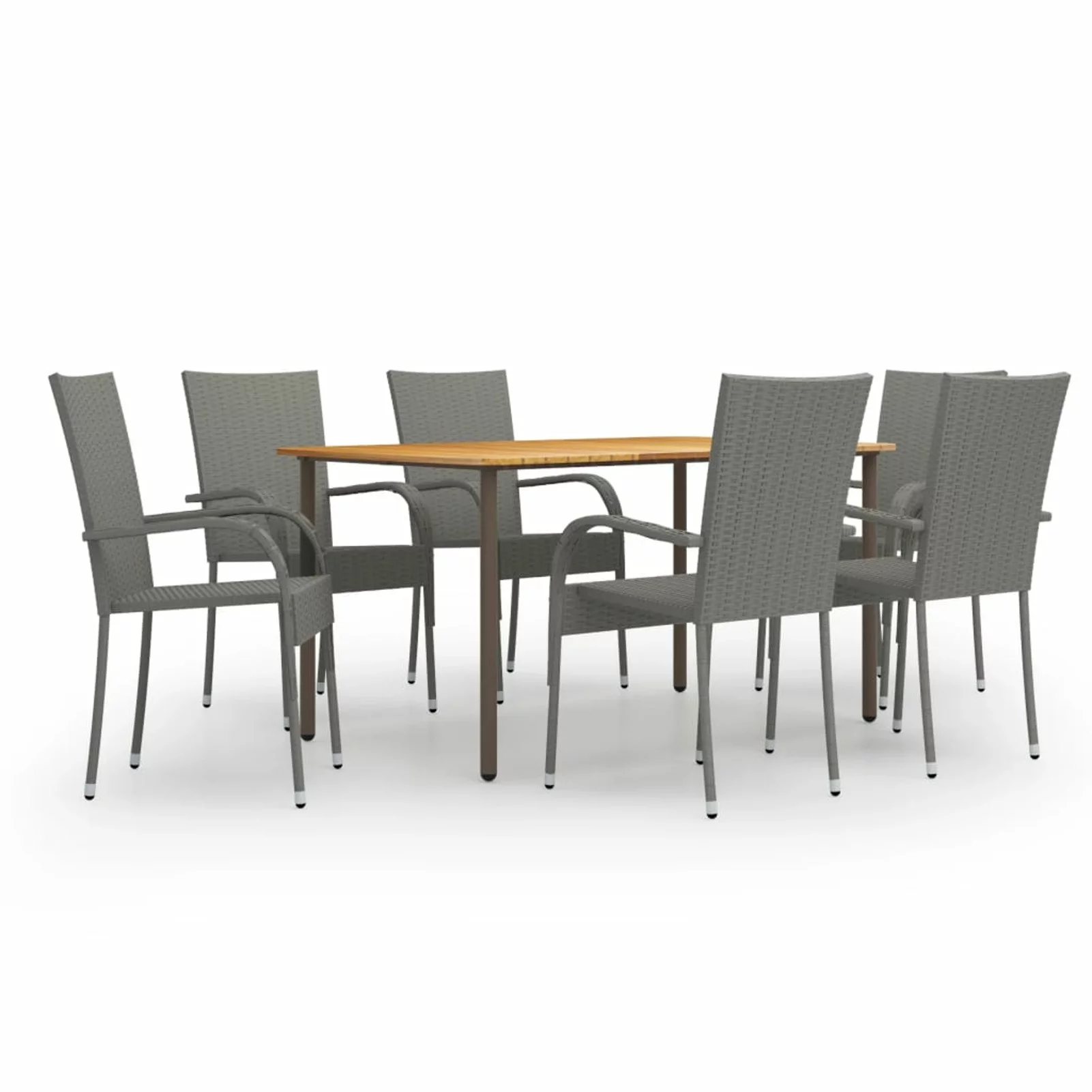 Anself 7 Piece Patio Dining Set Acacia Wood Tabletop Table and 6 Chairs Gray Poly Rattan  Dining Set for Garden, Lawn, Courtyard