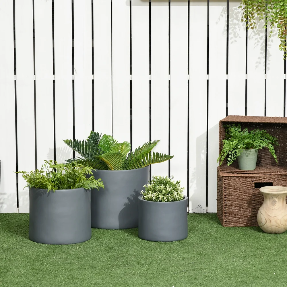 Yone jx je  Plant Pots Set of 3,Outdoor Planter Set, 13/11.5/9in, MgO Flower Pots with Drainage Holes, Outdoor Ready & Stackable Plant Pot for Indoor, Entryway, Patio, Yard, Garden,Dark Gray